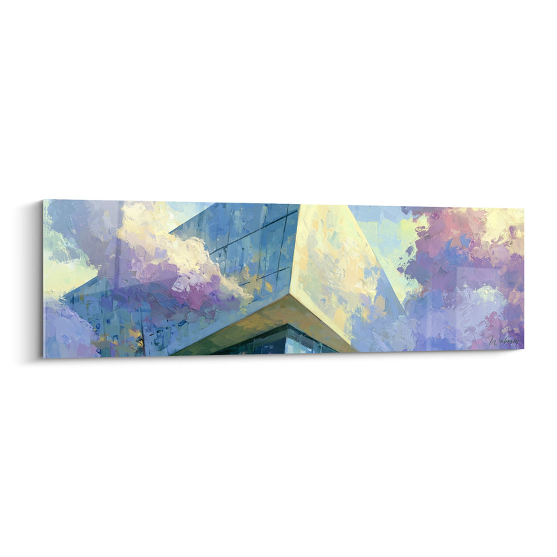Gemälde Eckiges Gebäude blau und lila bewölkt - Urbane Aufbruch - Edition Architektur abstrakt