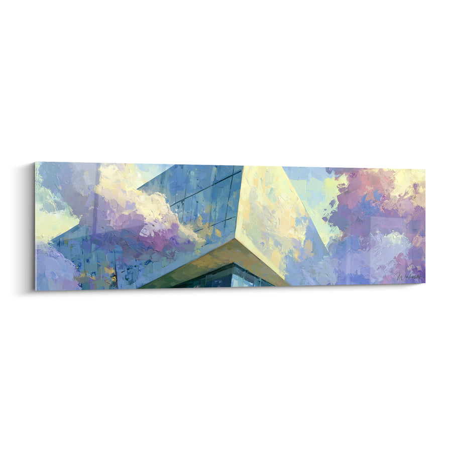 Tableau Bâtiment anguleux bleu et mauve nuageux - Envolée urbaine - Edition Architecture abstrait