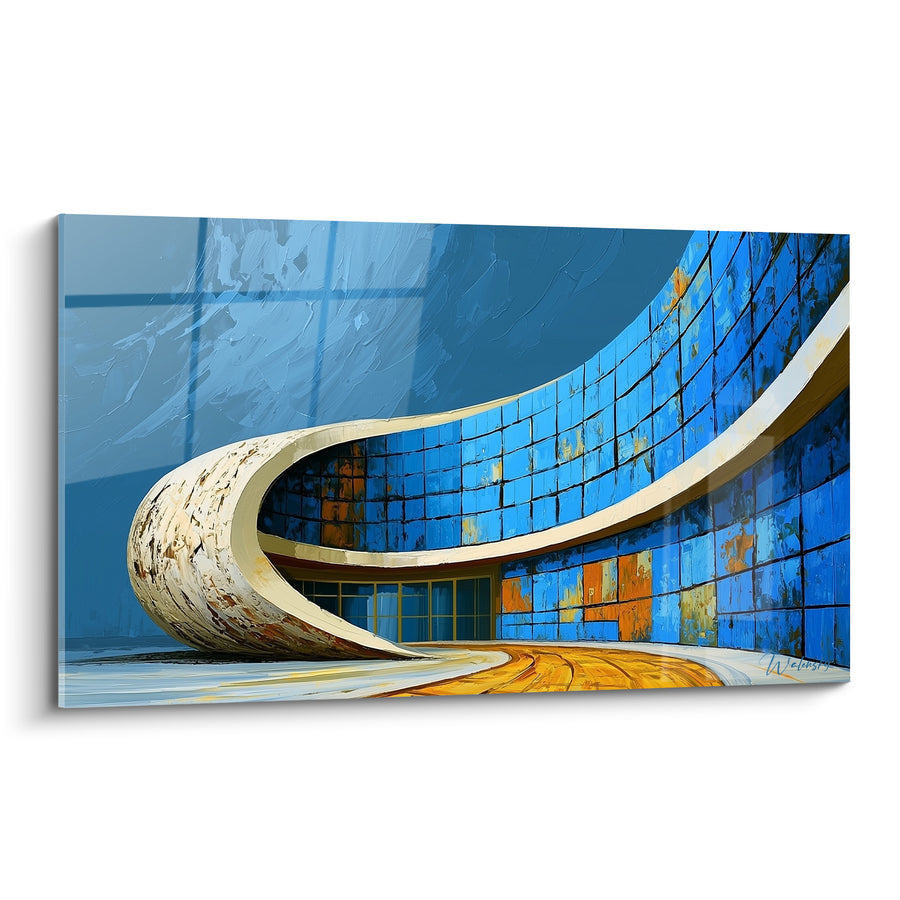 Gemälde Gebogenes Gebäude Blau und Ocker Geschwungen - Futuristische Kurve - Edition Abstrakte Architektur