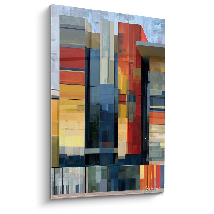 Tableau Immeuble rouge et jaune aux panneaux mosaïqués - Damier chromatique vertical - Edition Architecture abstrait