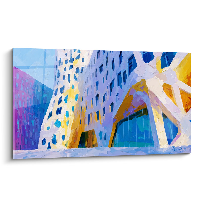 Tableau Immeuble ajouré blanc et doré aux arches ogivales - Percées vitrées turquoise - Edition Architecture abstrait
