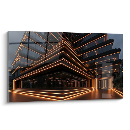 Bâtiment futuriste anthracite et doré, structure architecturale en perspective plongeante lumineuse
