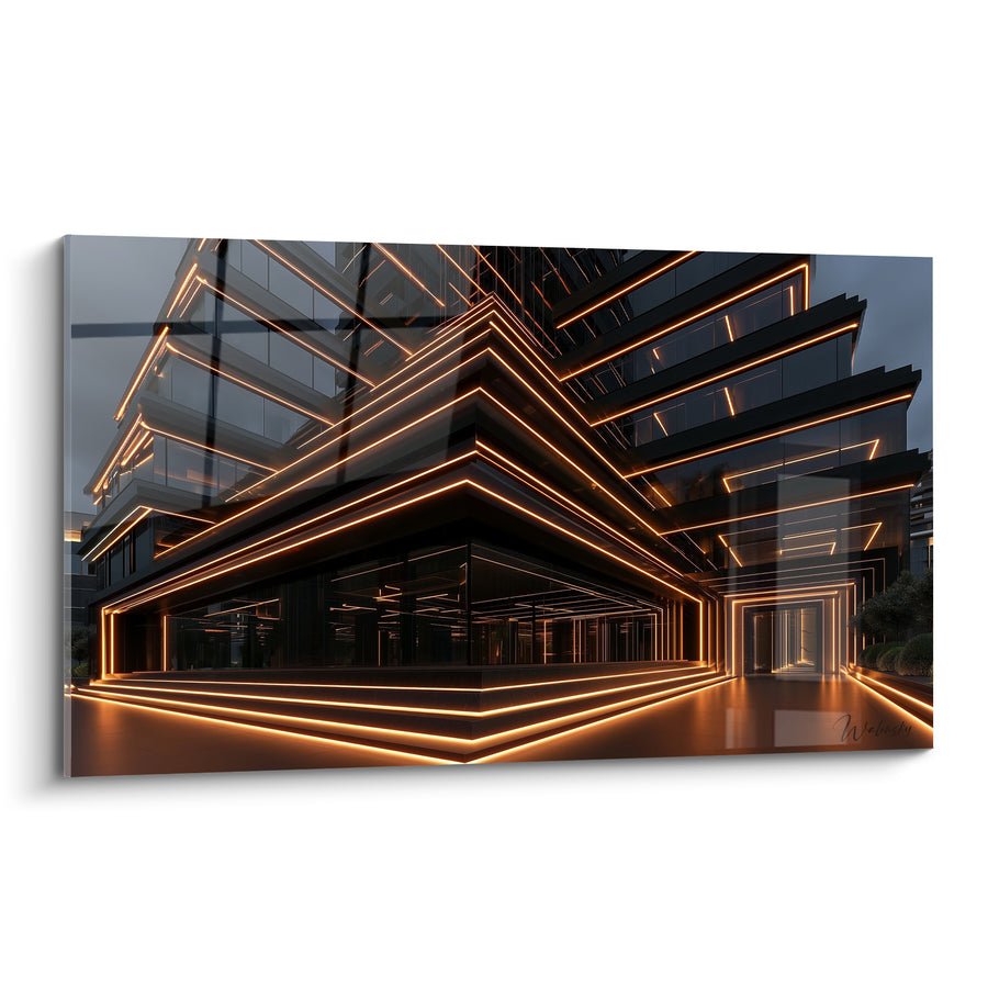 Tableau Immeuble noir aux liserés dorés lumineux - Entrée illuminée symétrique - Edition Architecture abstrait