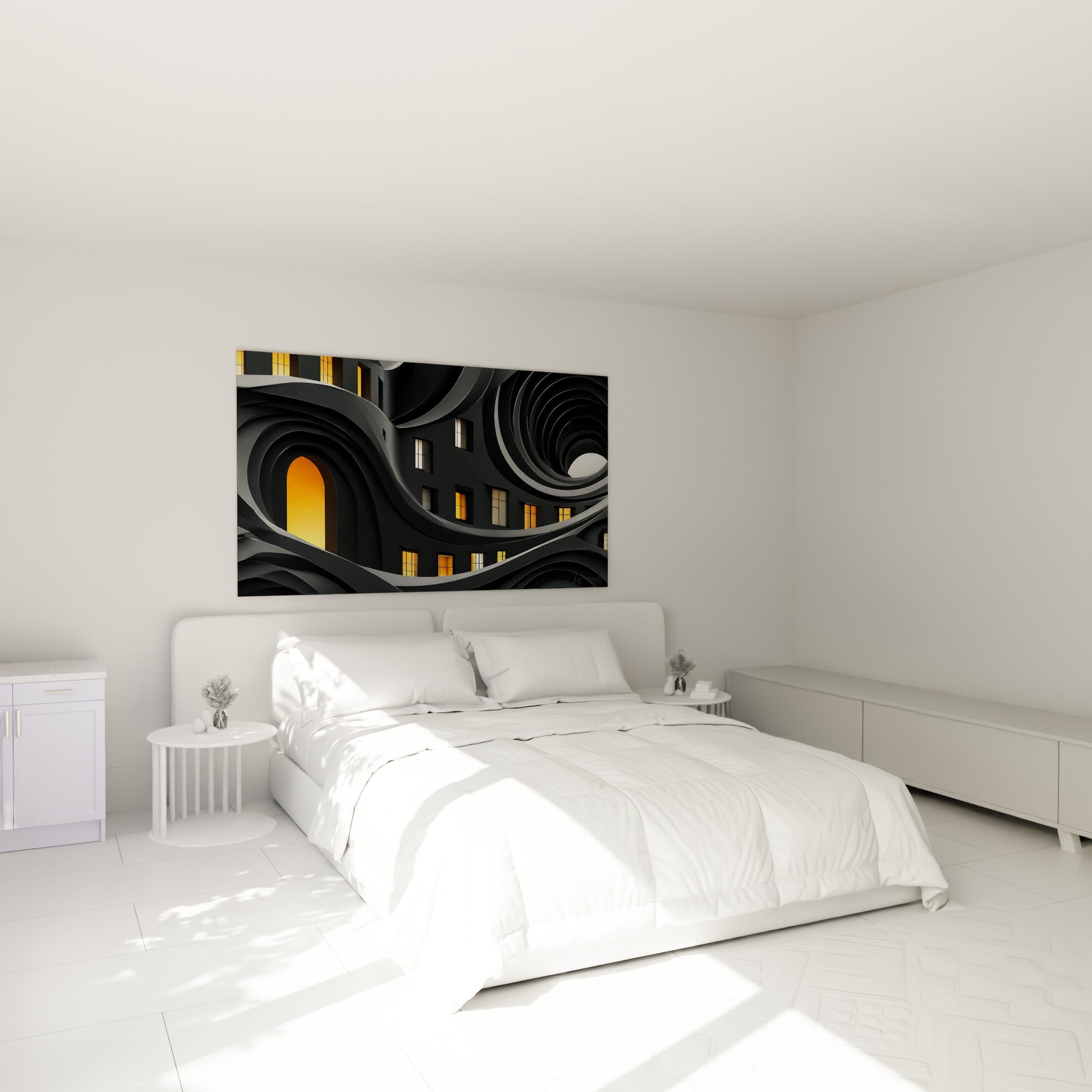 Spirales anthracite et fenêtres orangées de cette architecture abstraite, au-dessus d'un lit dans une chambre claire.
