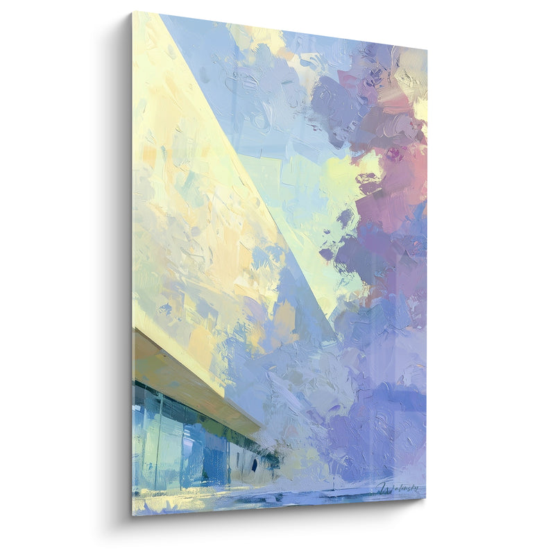 Tableau Toit triangulaire jaune et mauve nuageux - Angle vitré incliné - Edition Architecture abstrait
