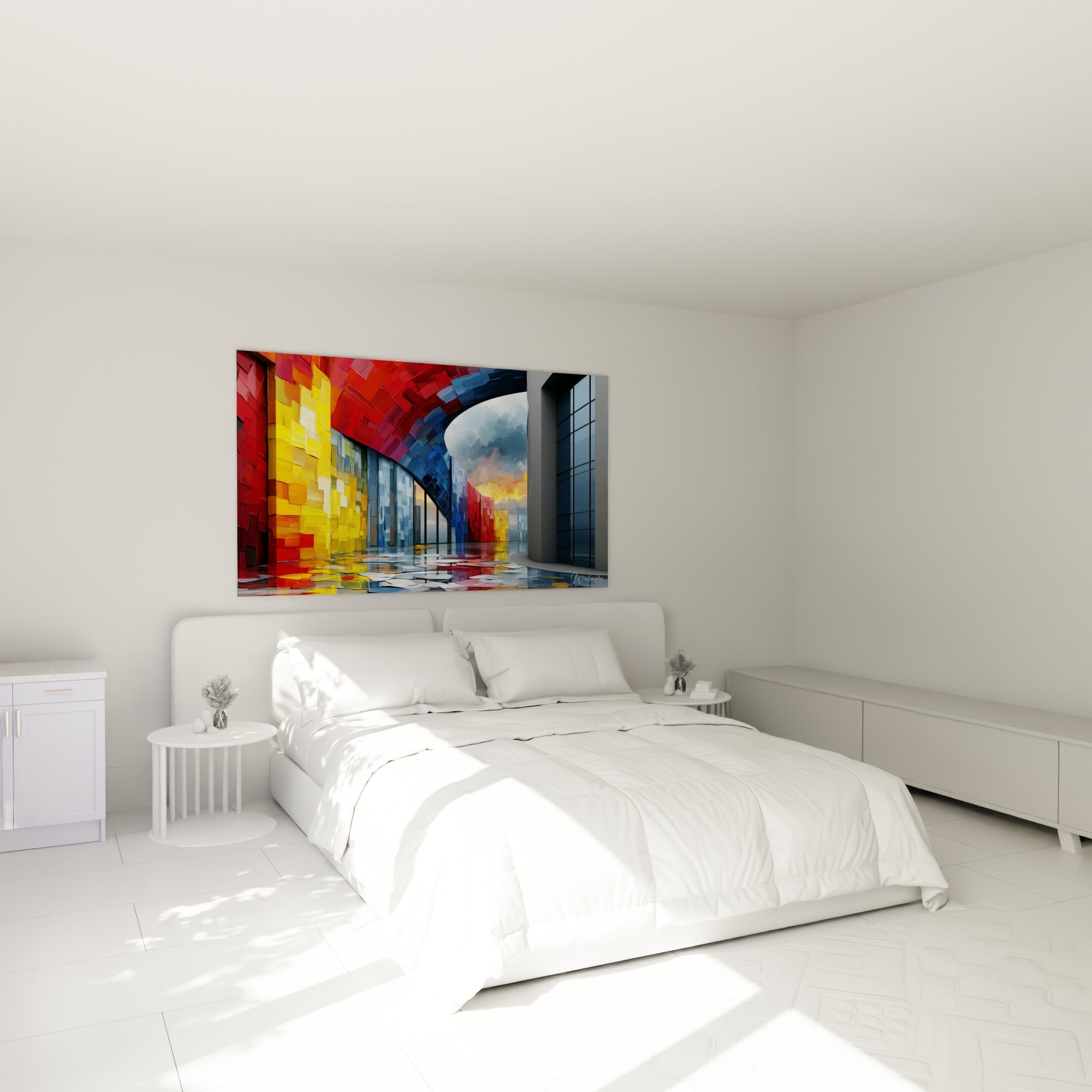 Façades rouge et jaune sous une arche géométrique, au-dessus d'un lit dans une chambre claire