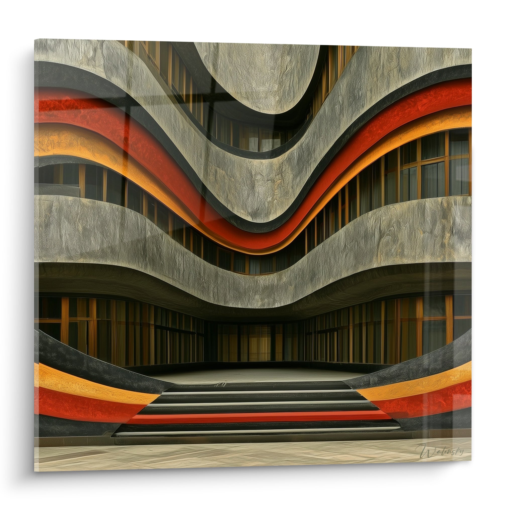 Façade ondulante grise et rouge, courbes ocre sculptées, tableau architecture abstraite saisissant