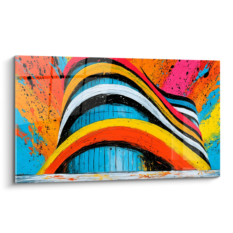 Curved Building Painting Blue and Orange with Swirling Stripes - Explosive Multicolor Splashes - Abstract Architecture Edition
