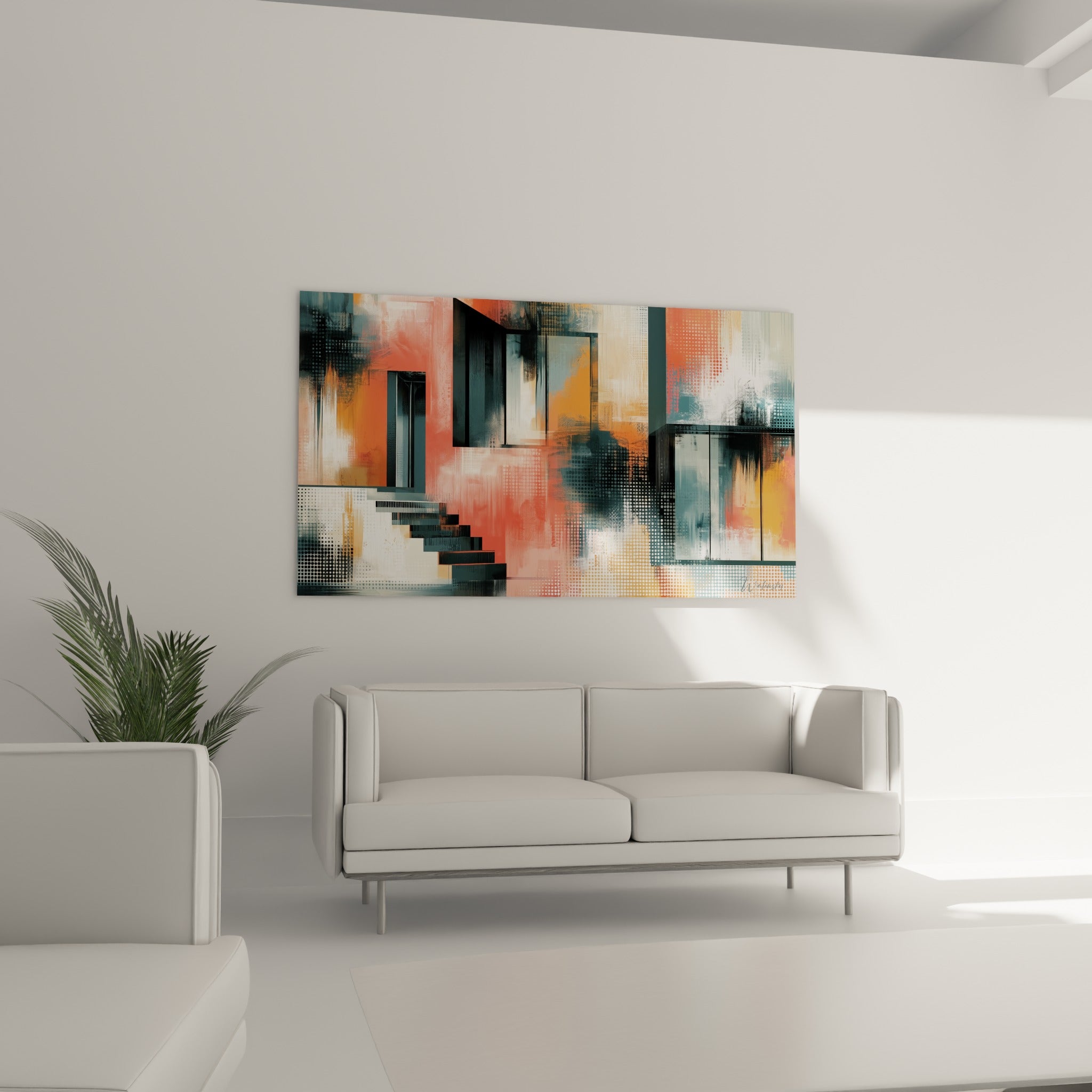 Formes géométriques orange et anthracite de ce tableau architecture abstraite au-dessus d'un canapé dans un salon lumineux