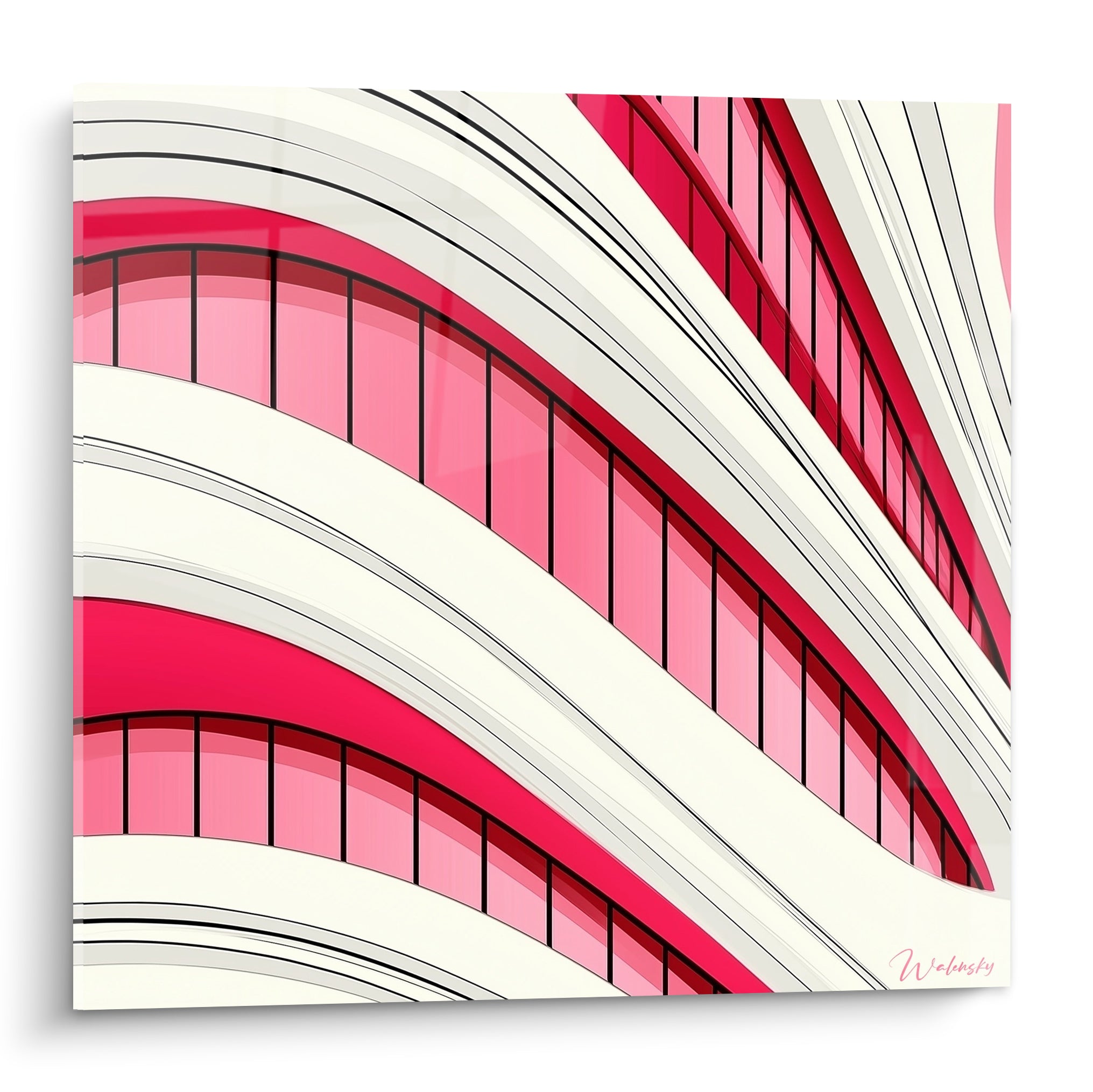 Façade incurvée rose fuchsia et blanc crème aux fenêtres géométriques, style architecture abstraite