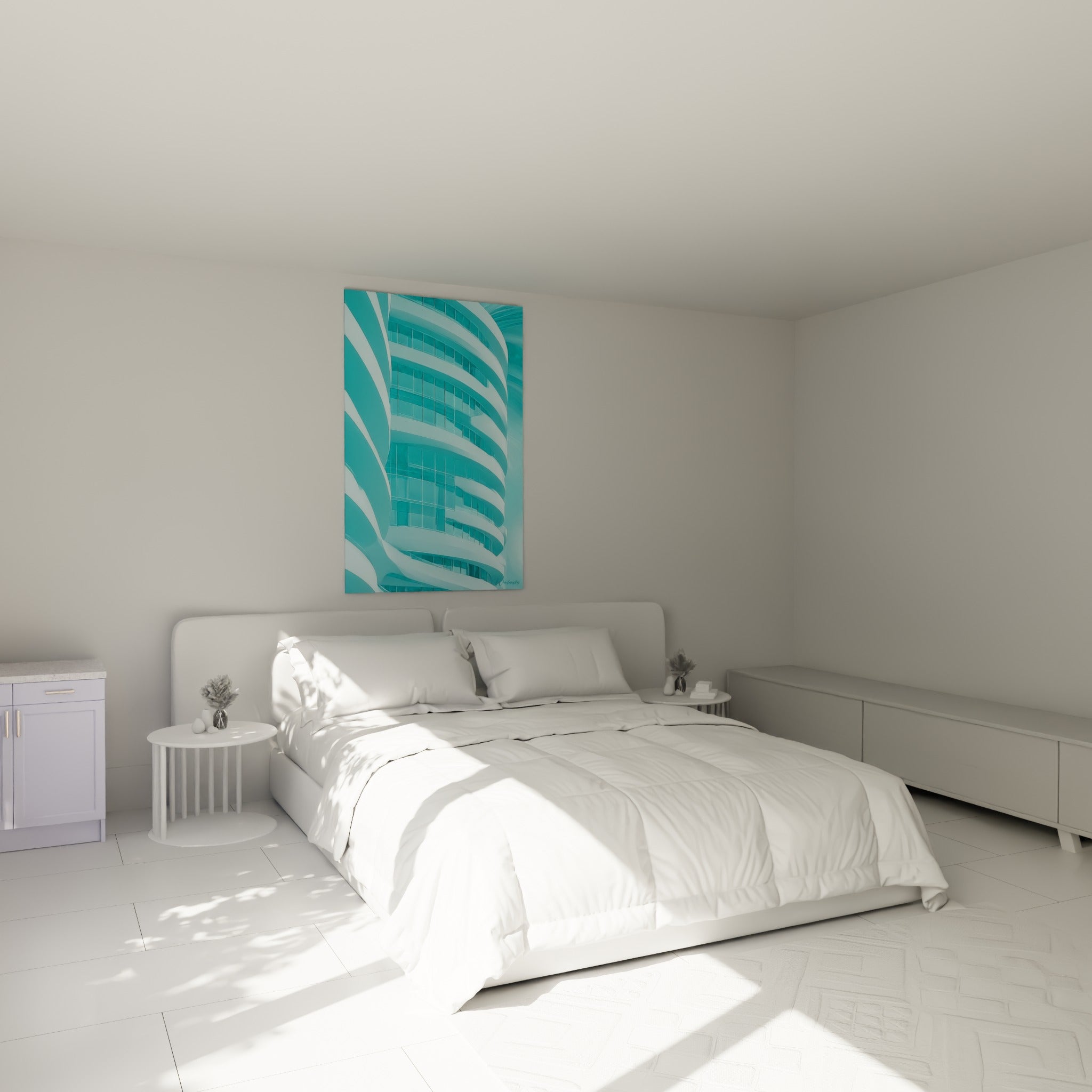Façade ondulante bleu sarcelle et blanc, tableau architecture abstraite au-dessus d'un lit dans une chambre claire