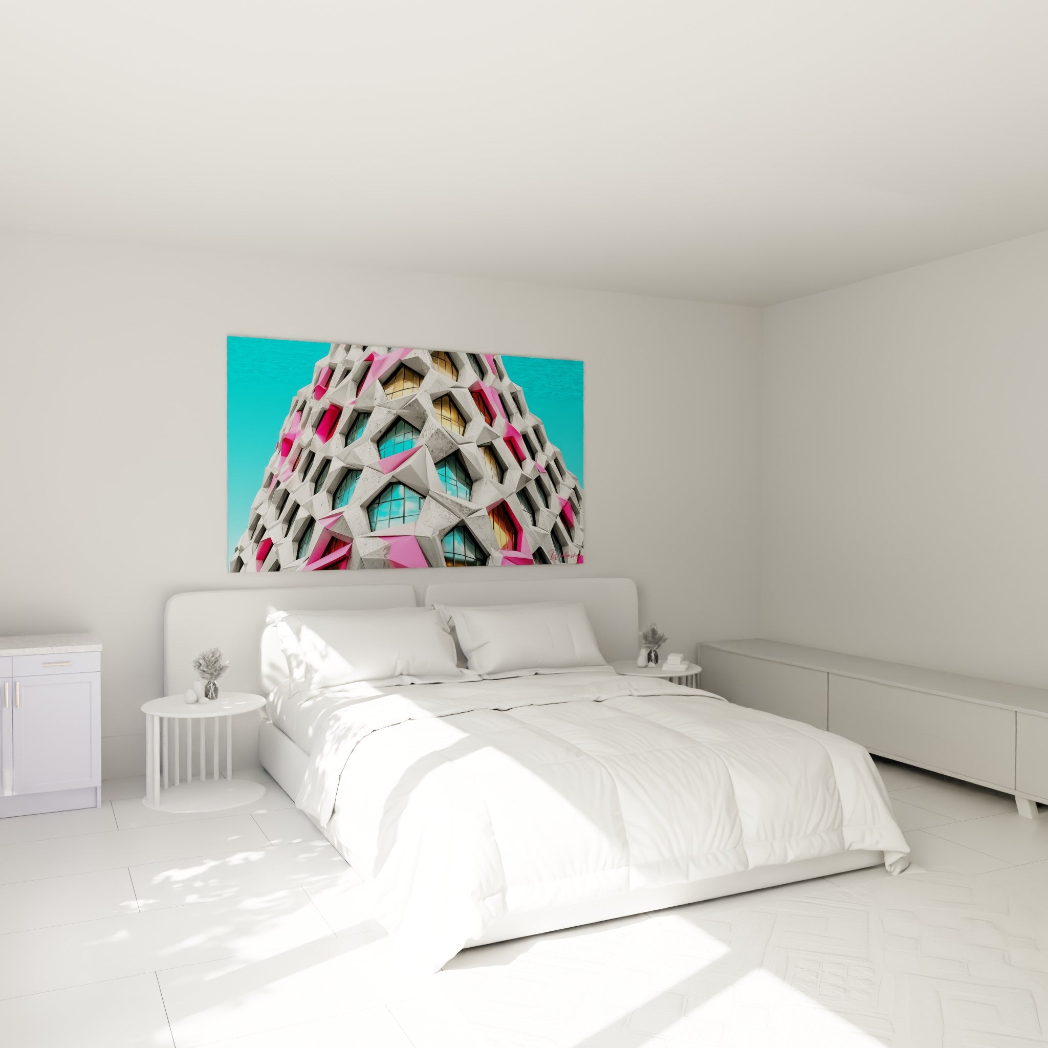 Façade géométrique blanche et rose fluo, tableau architecture au-dessus d'un lit dans une chambre claire