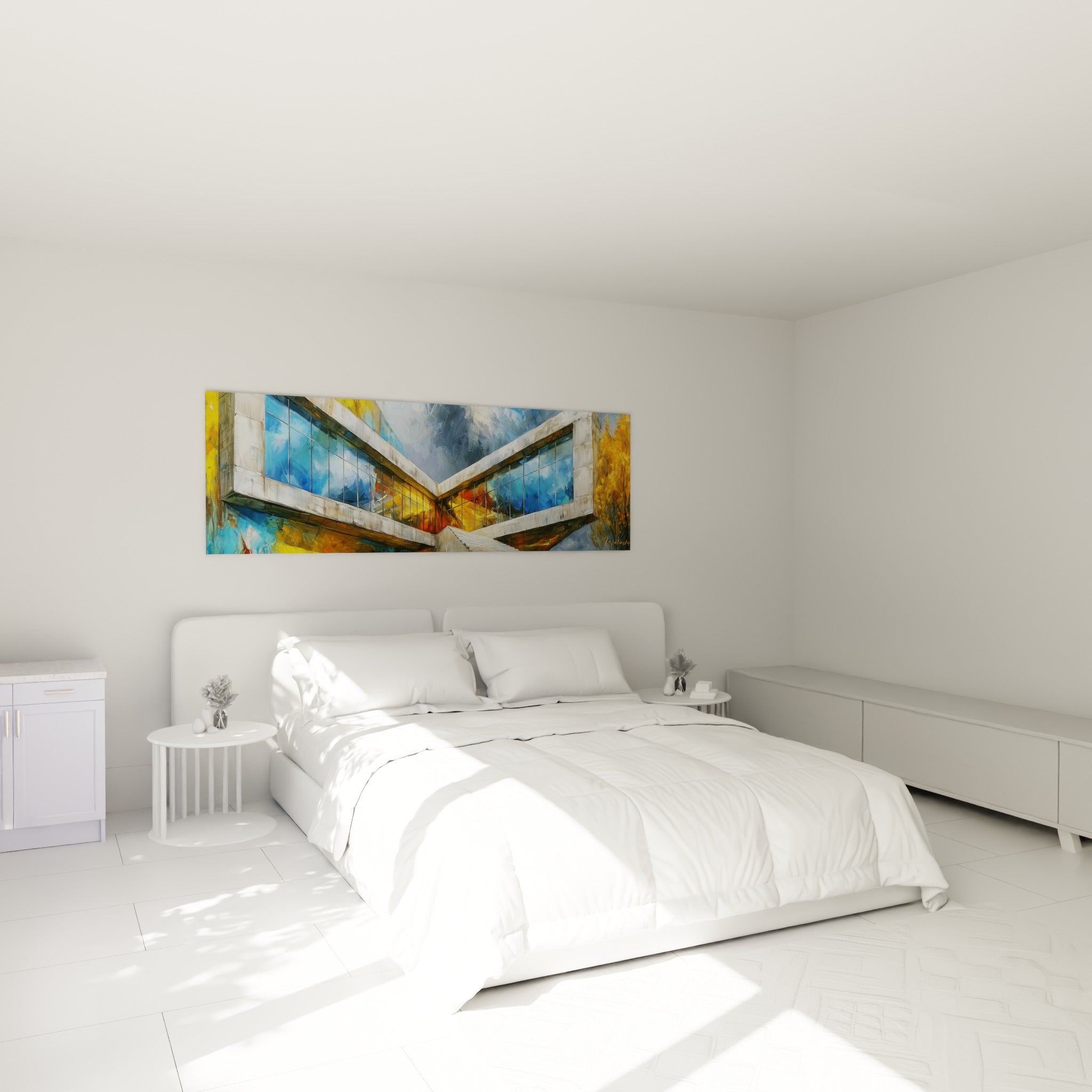 Façades vitrées bleu ardoise et dorées de l'architecture abstraite, au-dessus d'un lit dans une chambre claire
