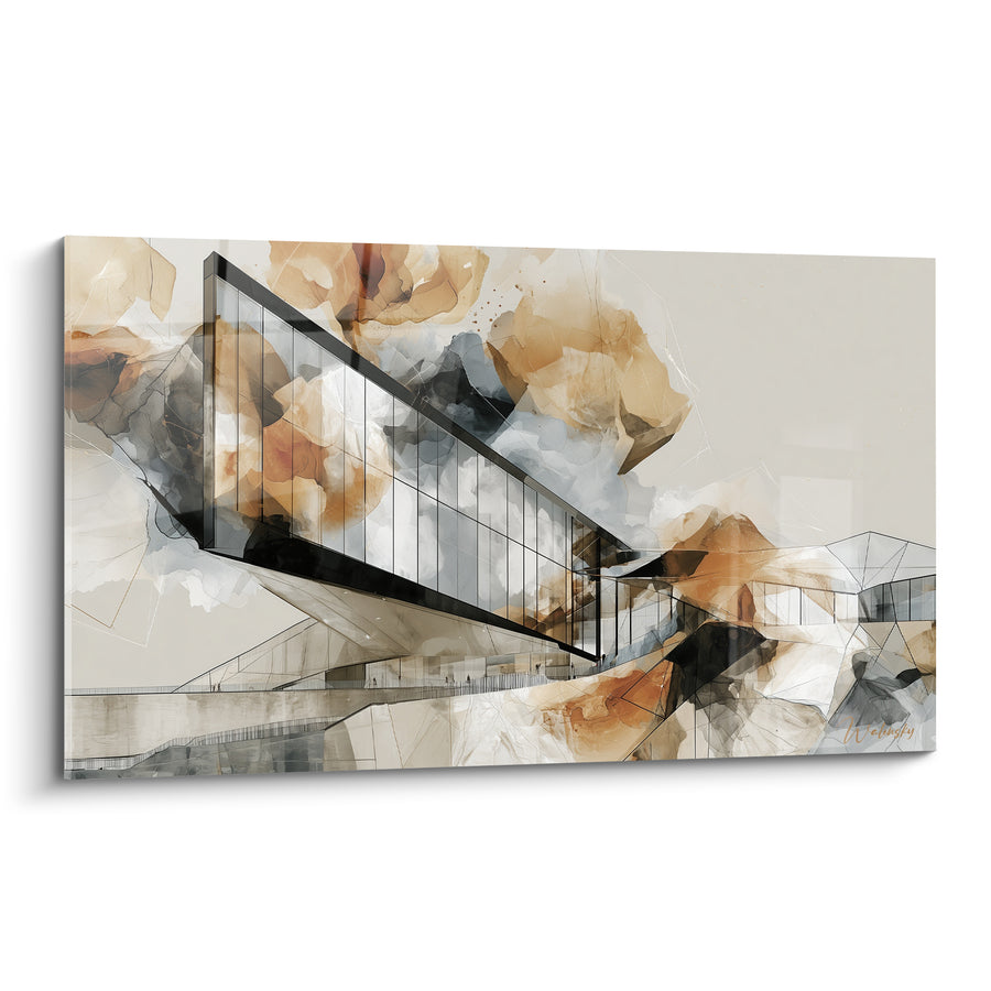 Tableau Bâtiment vitré aux touches ocre et anthracite - Esquisse en suspens - Edition Architecture abstrait