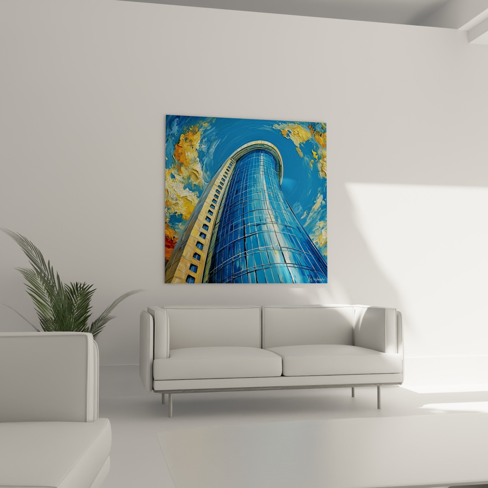 Façade vitrée bleu cobalt et nuages orangés en fusion au-dessus d'un canapé dans un salon lumineux