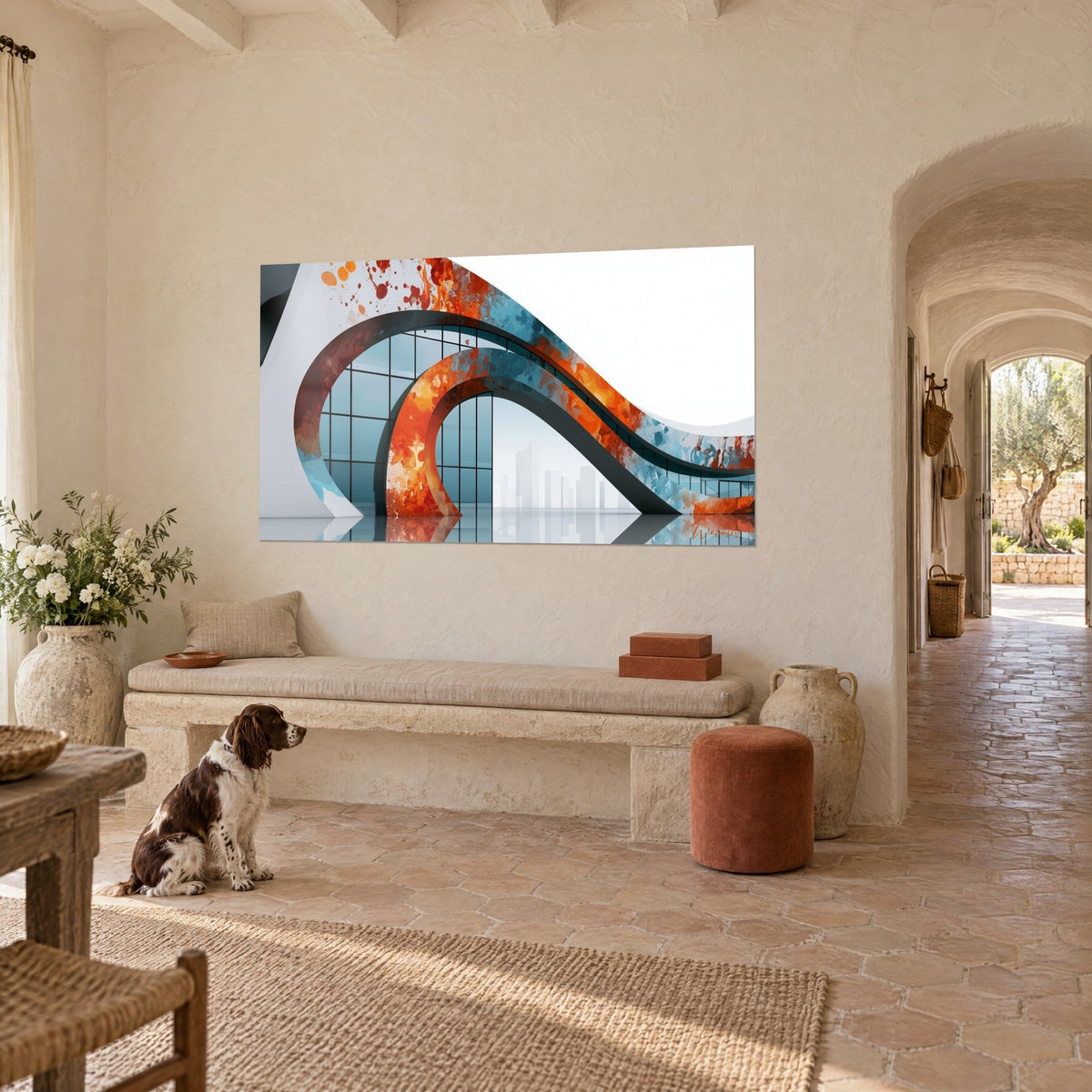 Tableau vague d'architecture futuriste, ruban blanc aux taches orange et bleu glacier, face à un spaniel assis près d'une banquette
