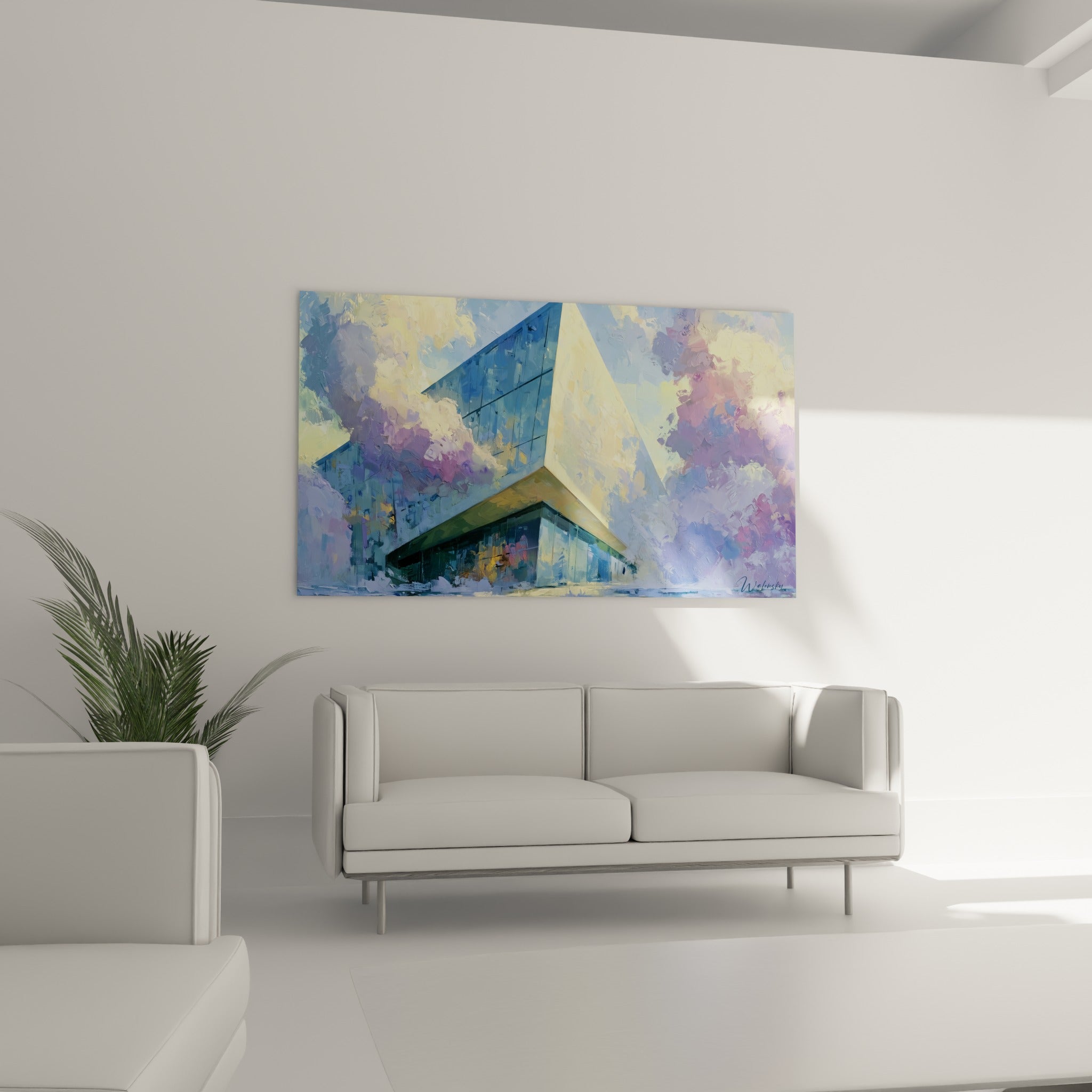 Édifice triangulaire jaune et bleu pastel entouré de brume colorée, architecture abstraite au-dessus d'un canapé dans un salon lumineux