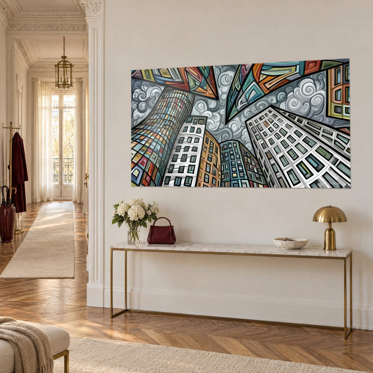 Tableau tours de verre aux facettes colorées, bleu sarcelle et rouille, ciel tourbillonnant, mur d'un couloir haussmannien