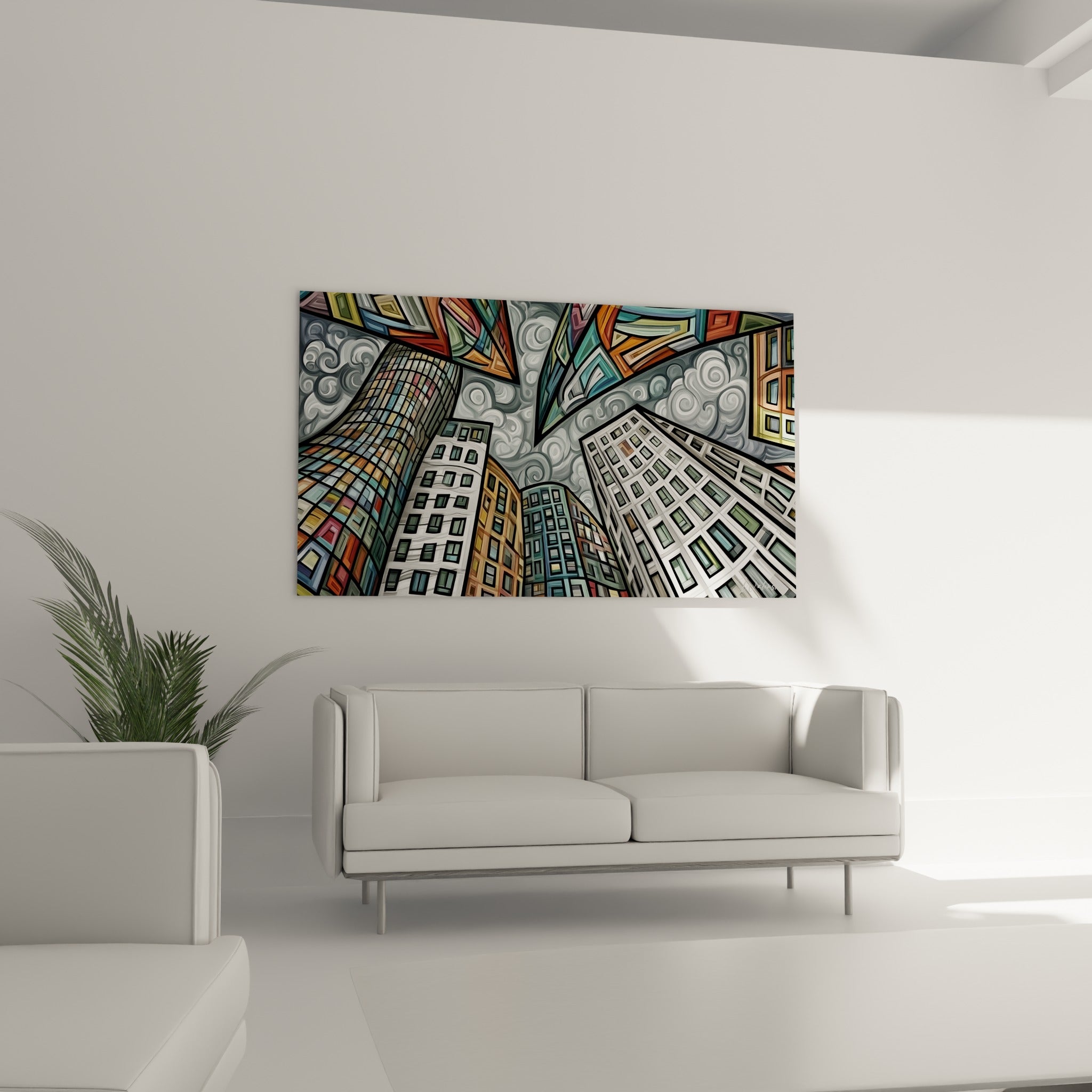 Façades bleu pastel et terracotta se dressant vers un ciel gris, tableau au-dessus d'un canapé dans un salon lumineux