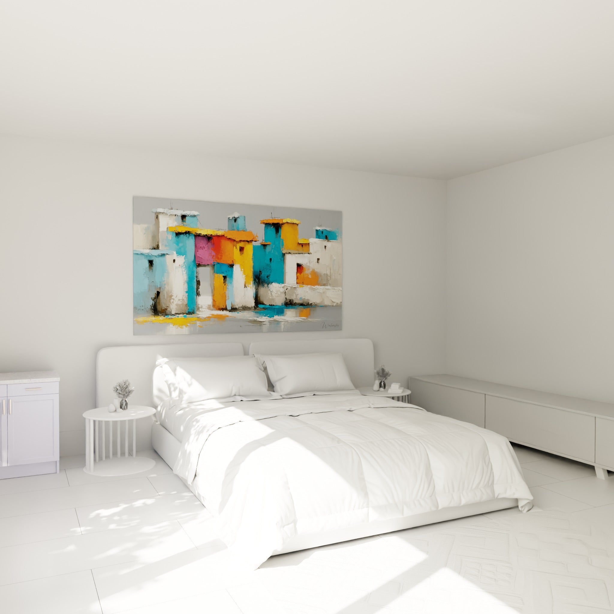 Façades colorées de ce tableau architecture abstraite bleu et orange au-dessus d'un lit dans une chambre claire