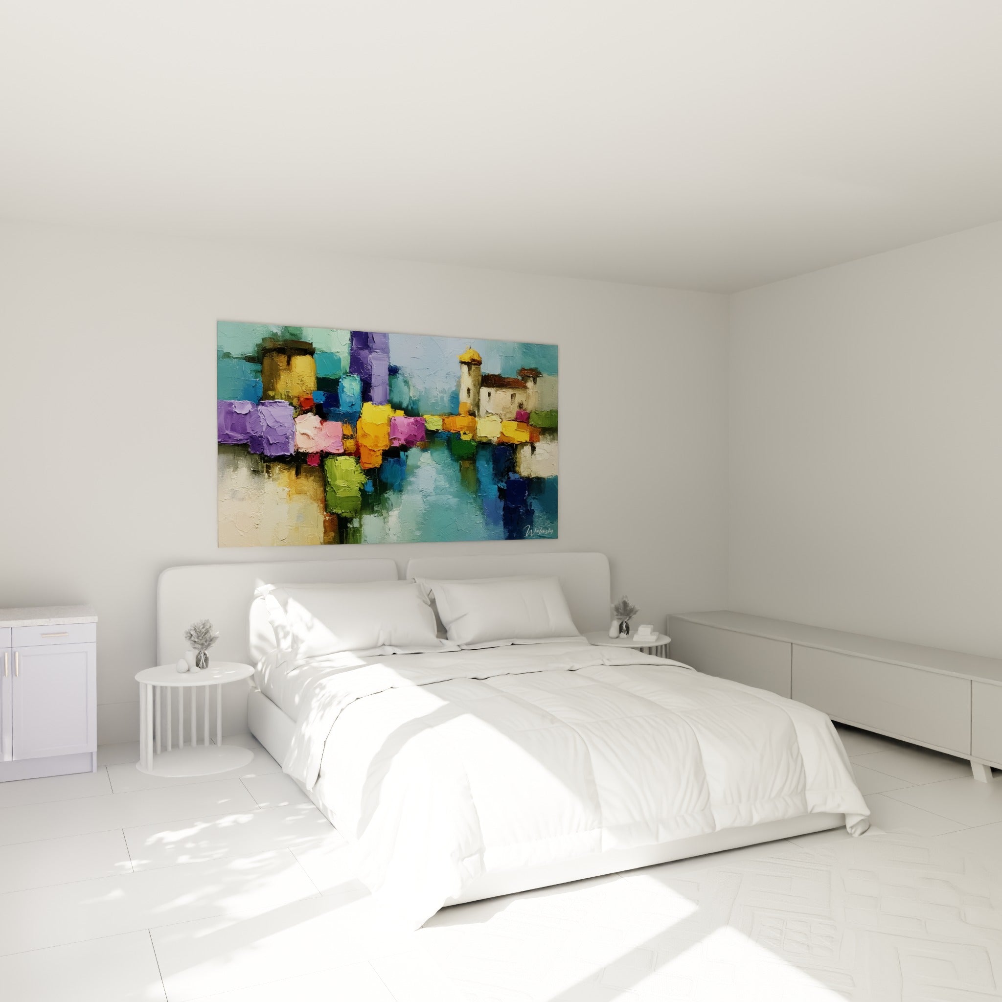 Façades colorées violet et doré de ce tableau architecture abstraite, au-dessus d'un lit dans une chambre claire