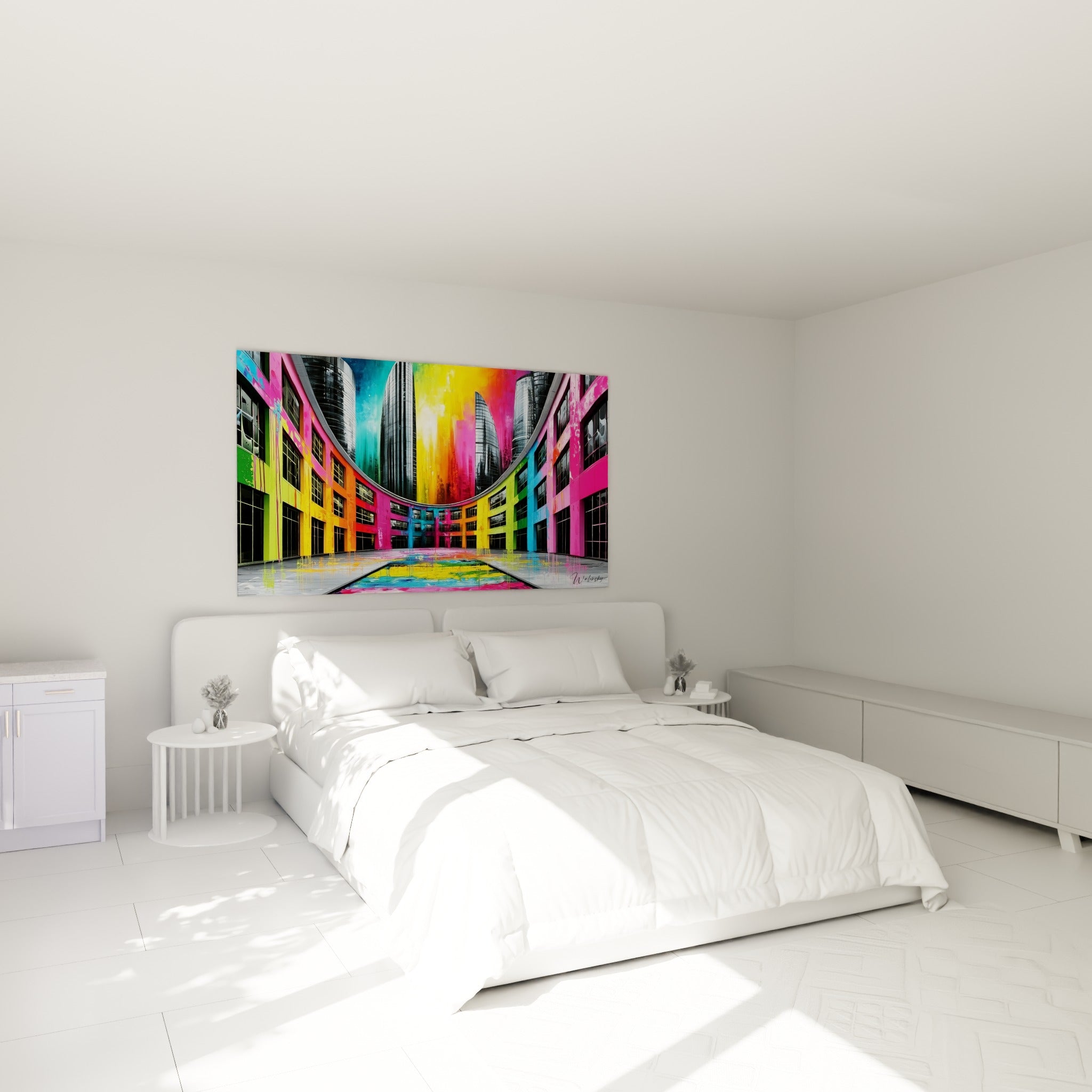 Perspective urbaine colorée rose et jaune vif accrochée au-dessus d'un lit dans une chambre claire