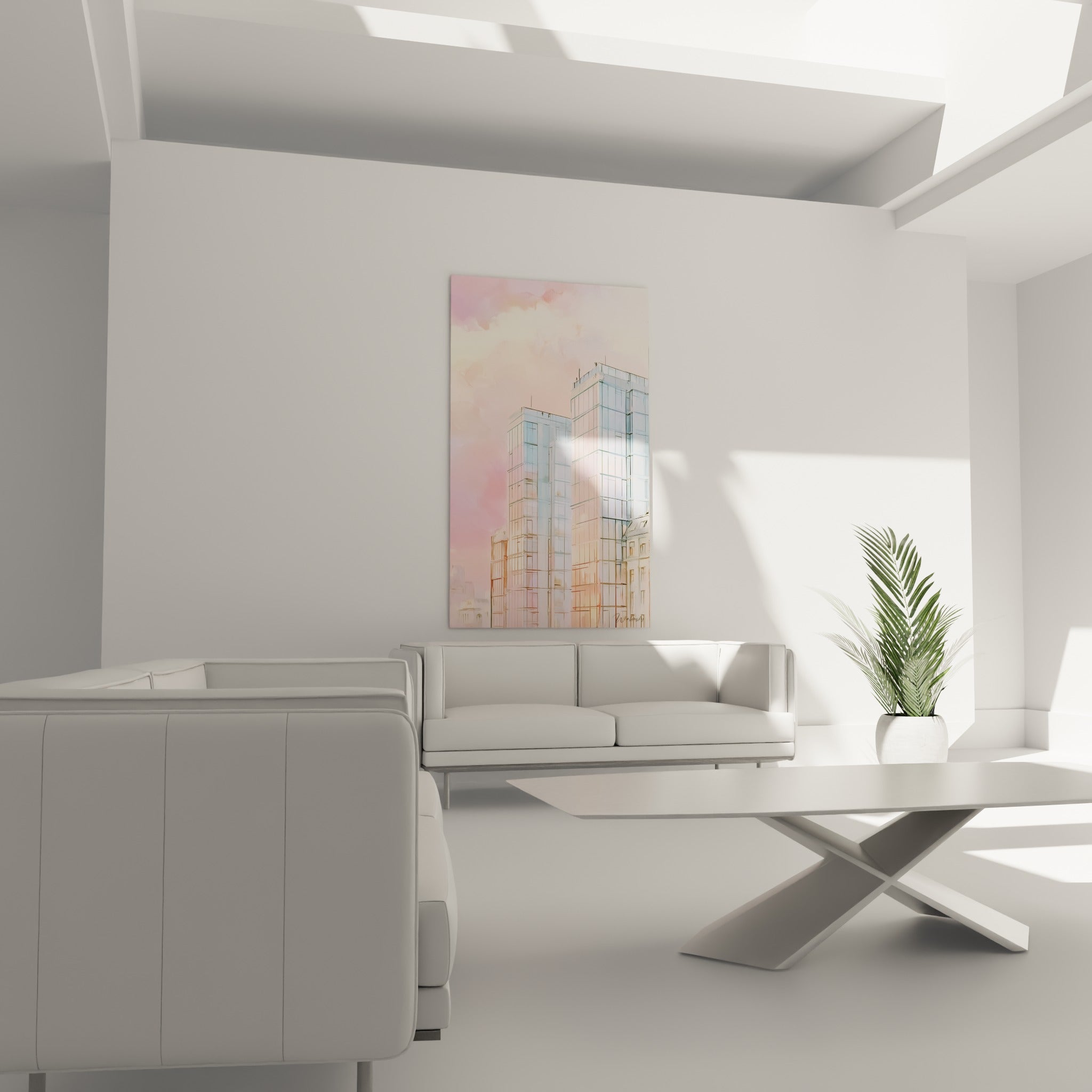 Façades vitrées roses et ocre du tableau architecture abstrait au-dessus d'un canapé dans un salon lumineux