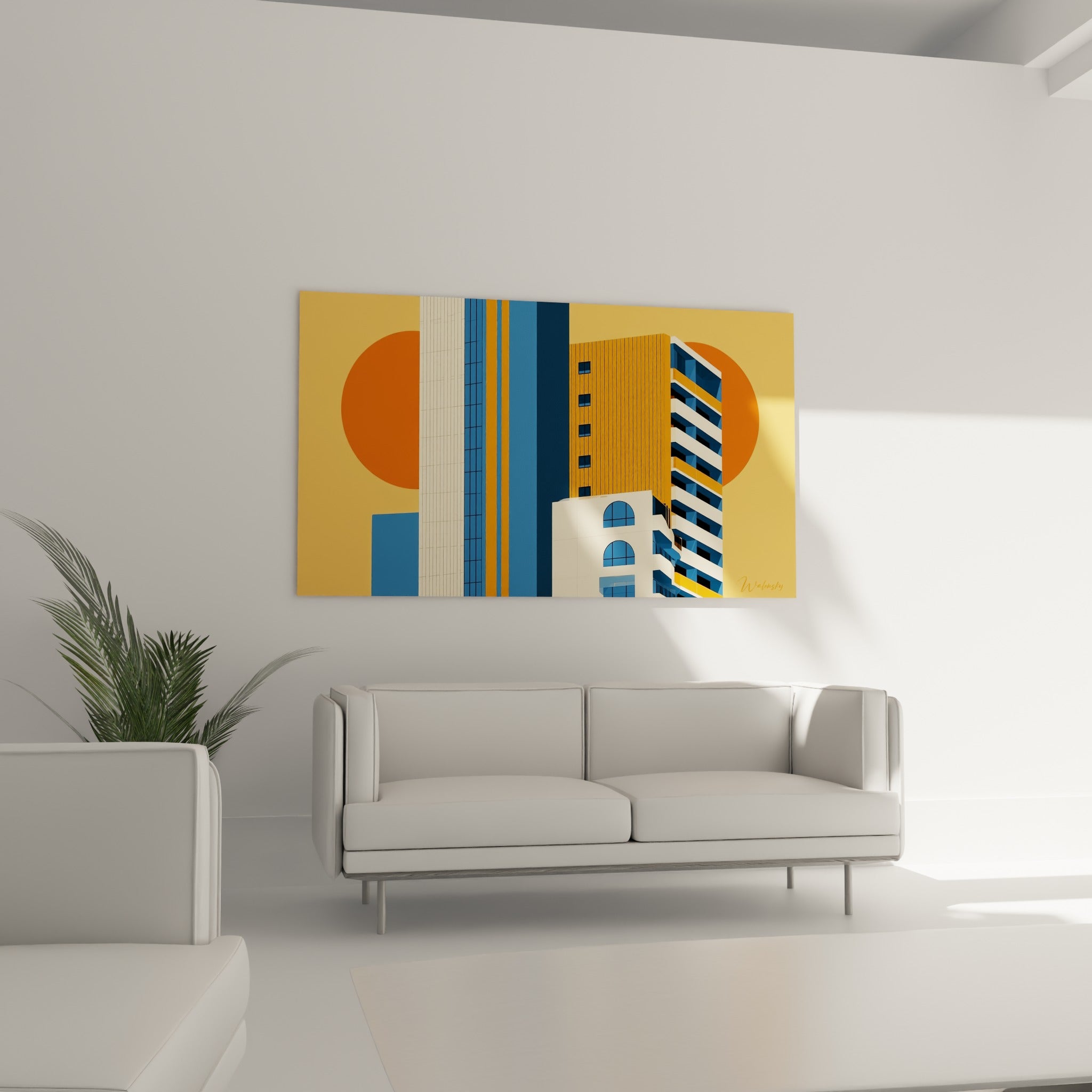Construction géométrique ocre et bleu marine à la lumière solaire, au-dessus d'un canapé dans un salon lumineux