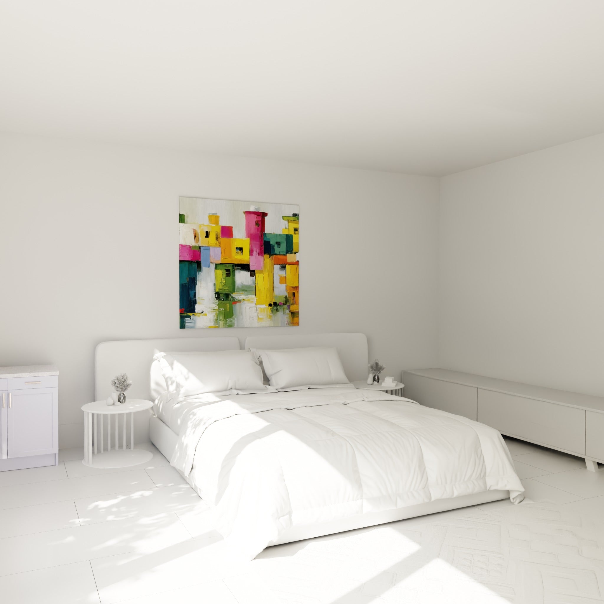 Village jaune et rose en architecture abstraite accroché au-dessus d'un lit dans une chambre claire