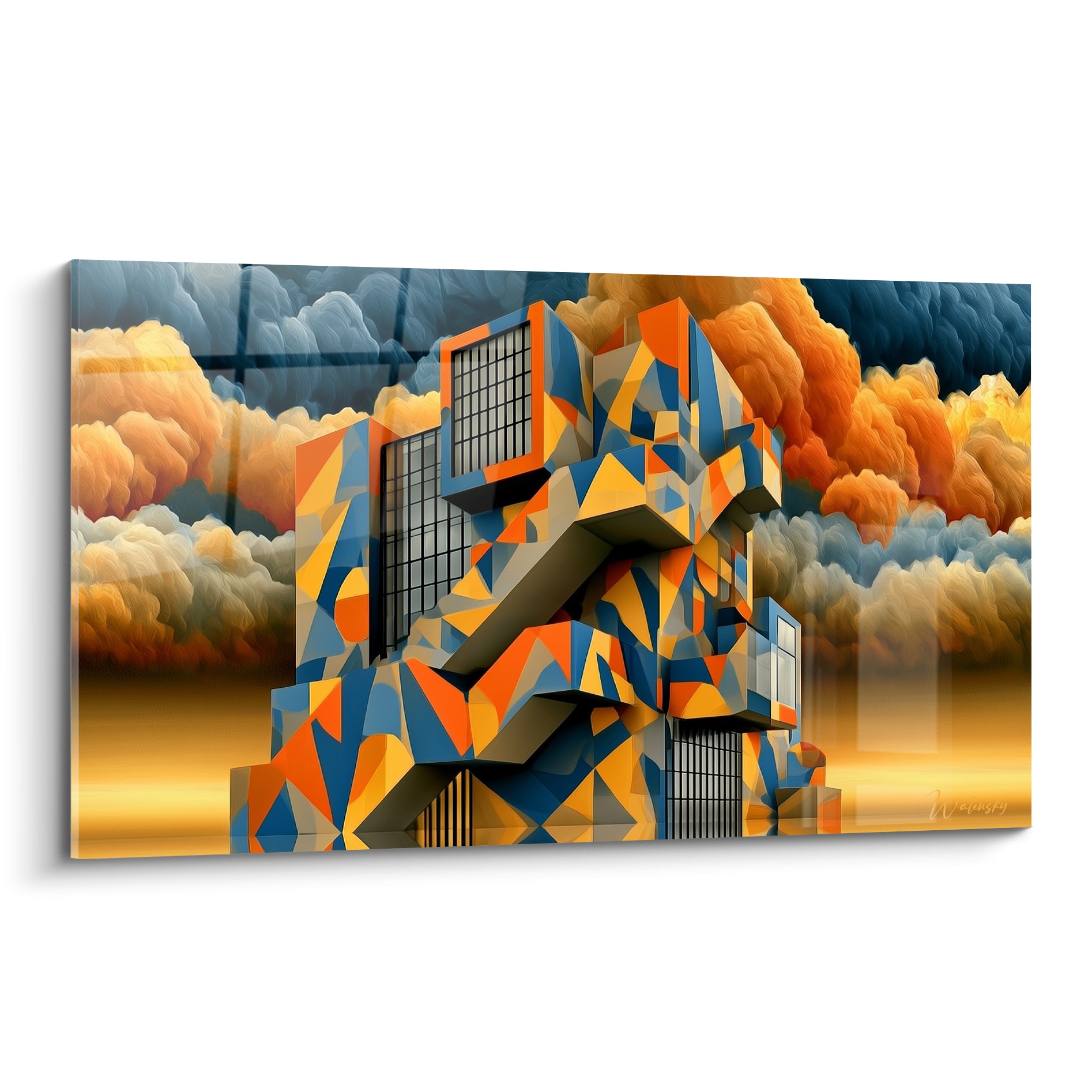Bâtiment géométrique orange et bleu marine sous ciel de nuages embrasés, tableau architecture abstraite