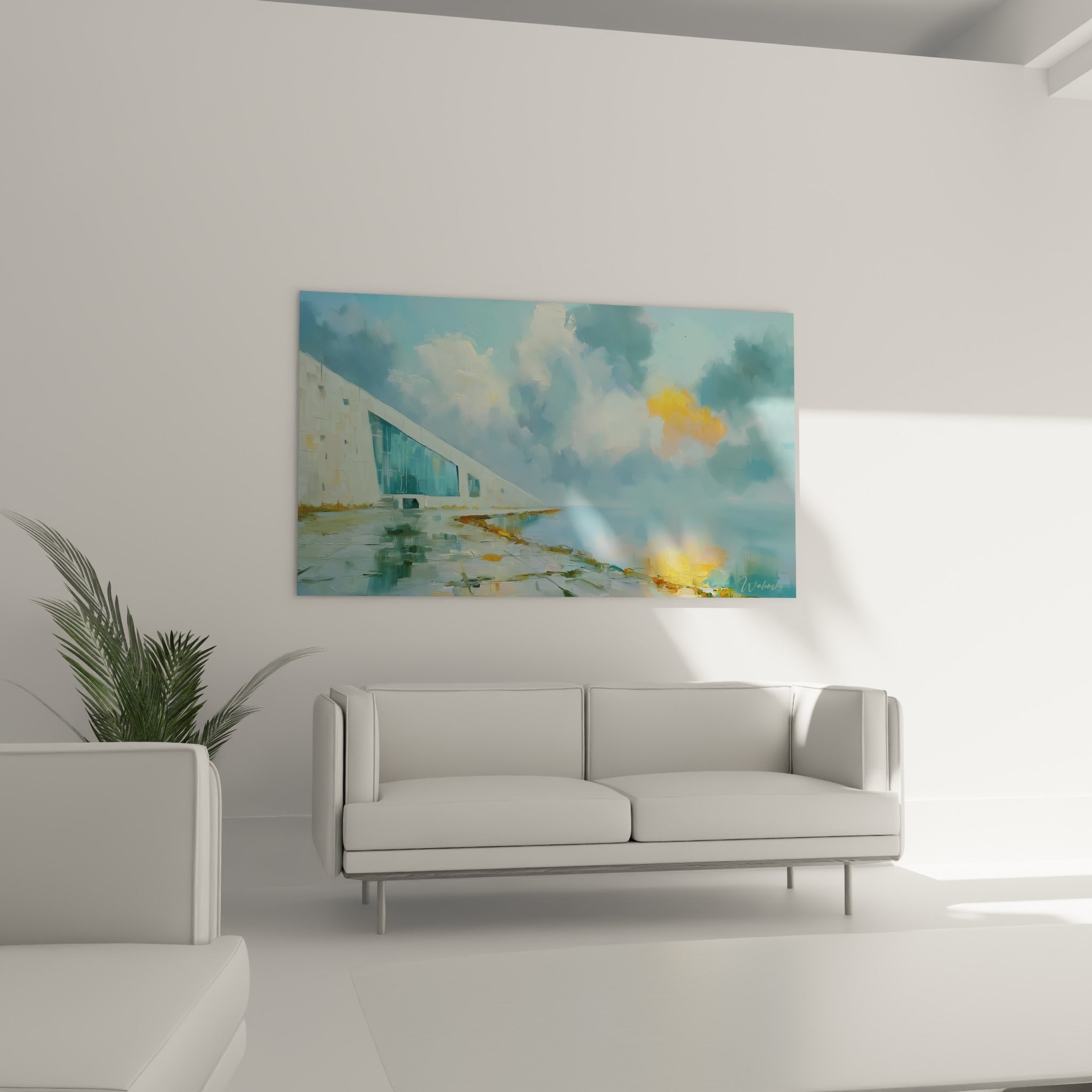 Structure triangulaire blanche et flamme dorée brumeuse au-dessus d'un canapé dans un salon lumineux