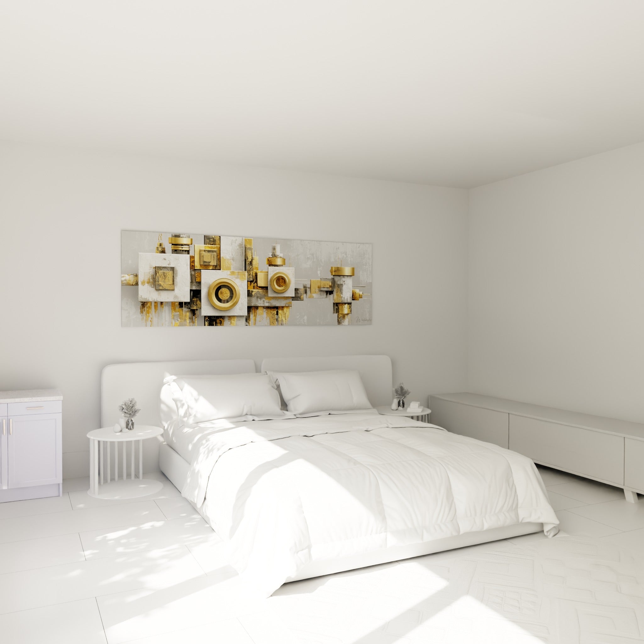 Formes dorées et grises architecturales composant le tableau, accroché au-dessus d'un lit dans une chambre claire