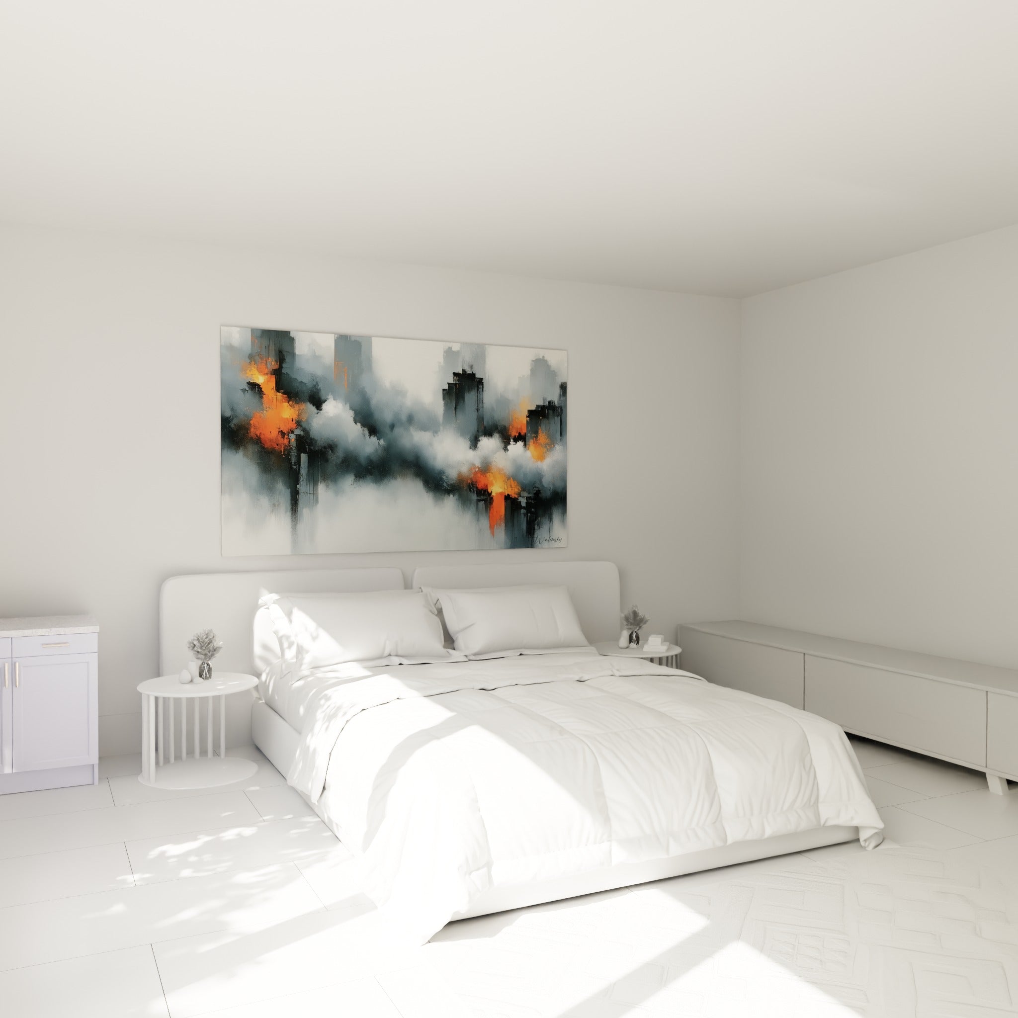 Silhouettes urbaines anthracite traversées d'éclats orangés, accrochées au-dessus d'un lit dans une chambre claire