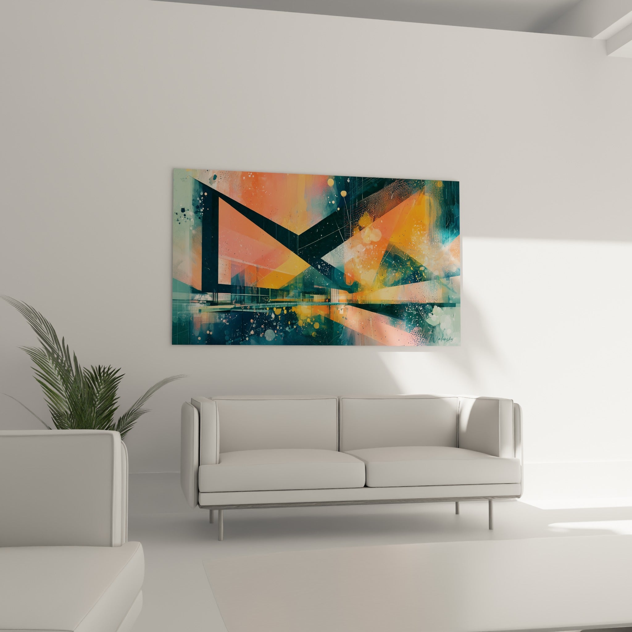 Composition orangée et anthracite de cette architecture abstraite au-dessus d'un canapé dans un salon lumineux