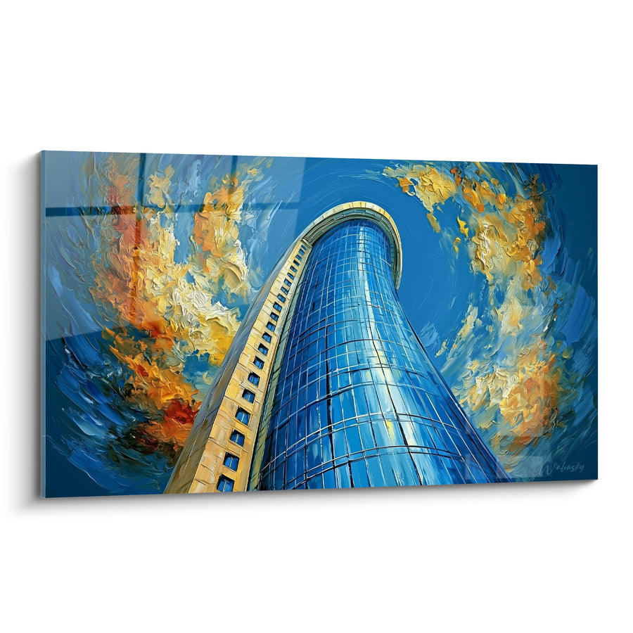 Gemälde Wolkenkratzer blau und golden mit wirbelnden Wolken - Schwindelerregender gebogener Turm - Architektur Edition abstrakt