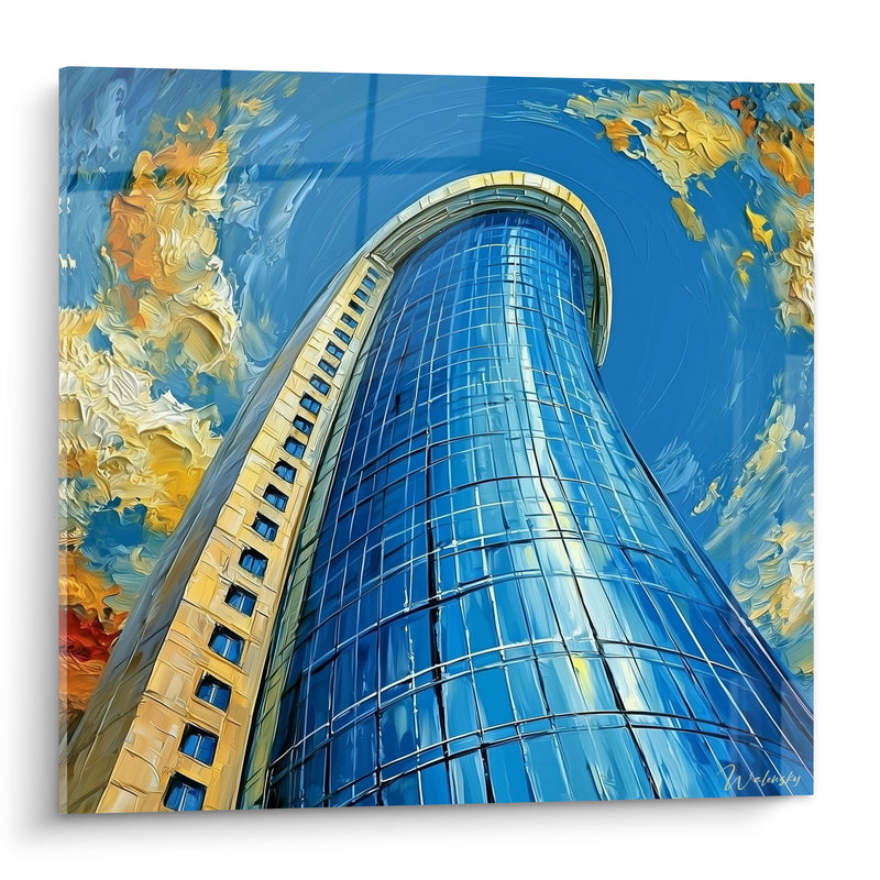 Tableau Gratte-ciel bleu et doré en contre-plongée - Vertige céleste - Edition Architecture abstrait