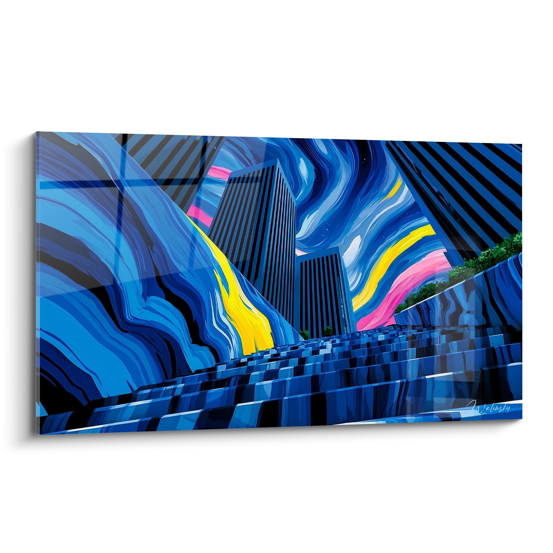Gratte-ciel noirs entourés de vagues bleu marine et jaune doré dans un tableau architecture abstraite