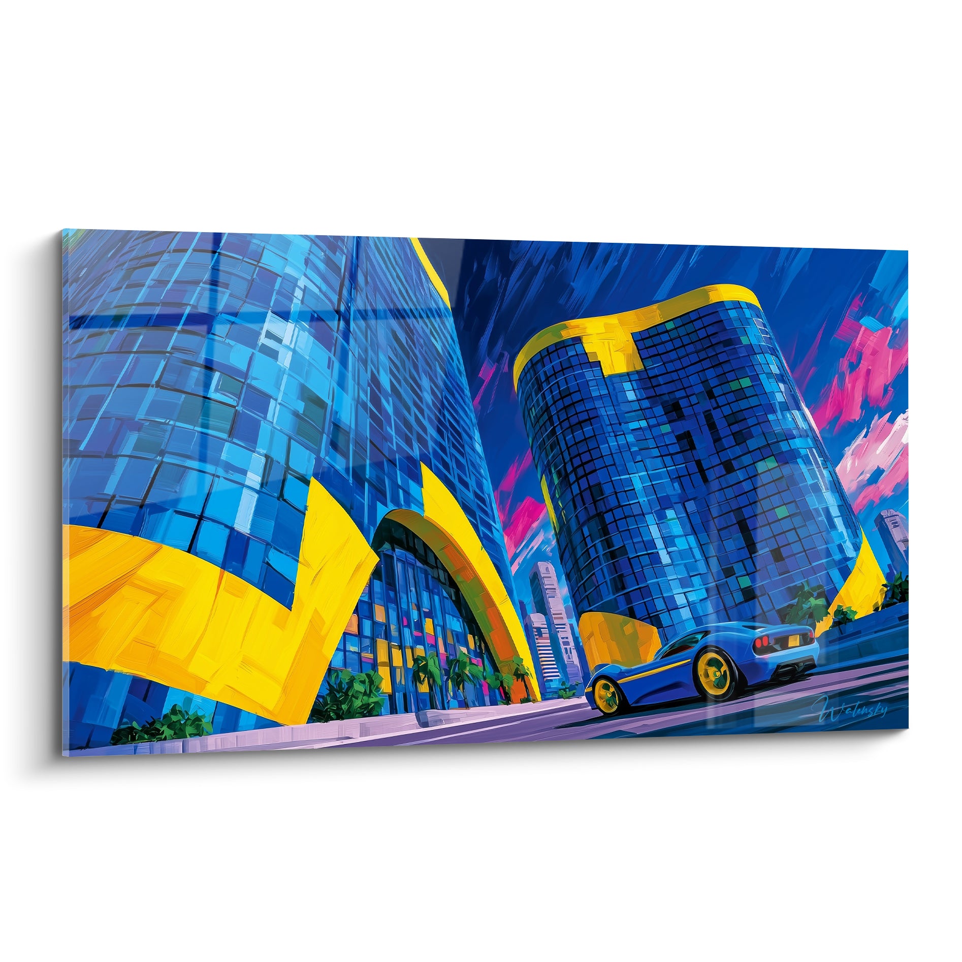 Gratte-ciel bleu marine et arches jaune vif dominent cette œuvre d'architecture abstraite futuriste