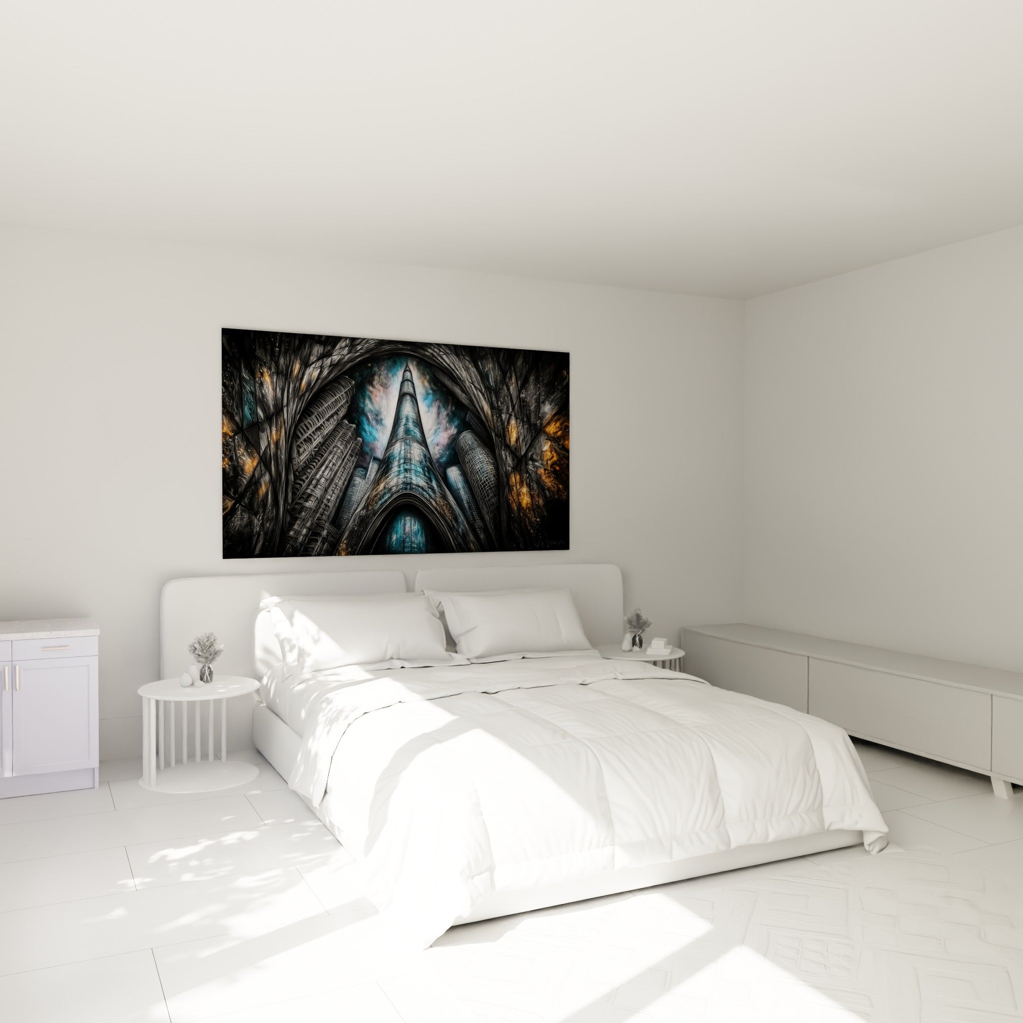 Gratte-ciel anthracite et doré au-dessus d'un lit dans une chambre claire, ambiance urbaine graphique