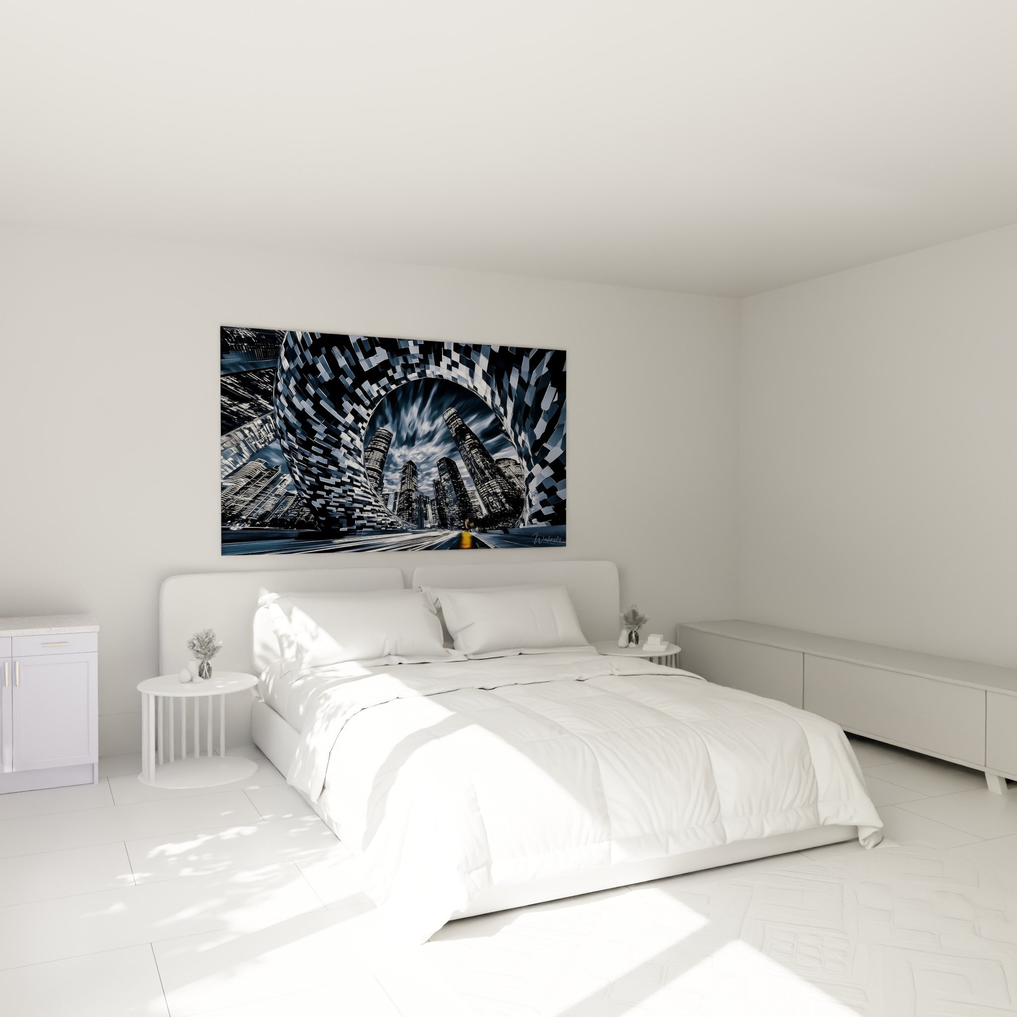 Gratte-ciel anthracite et route dorée composent ce tableau accroché au-dessus d'un lit dans une chambre claire