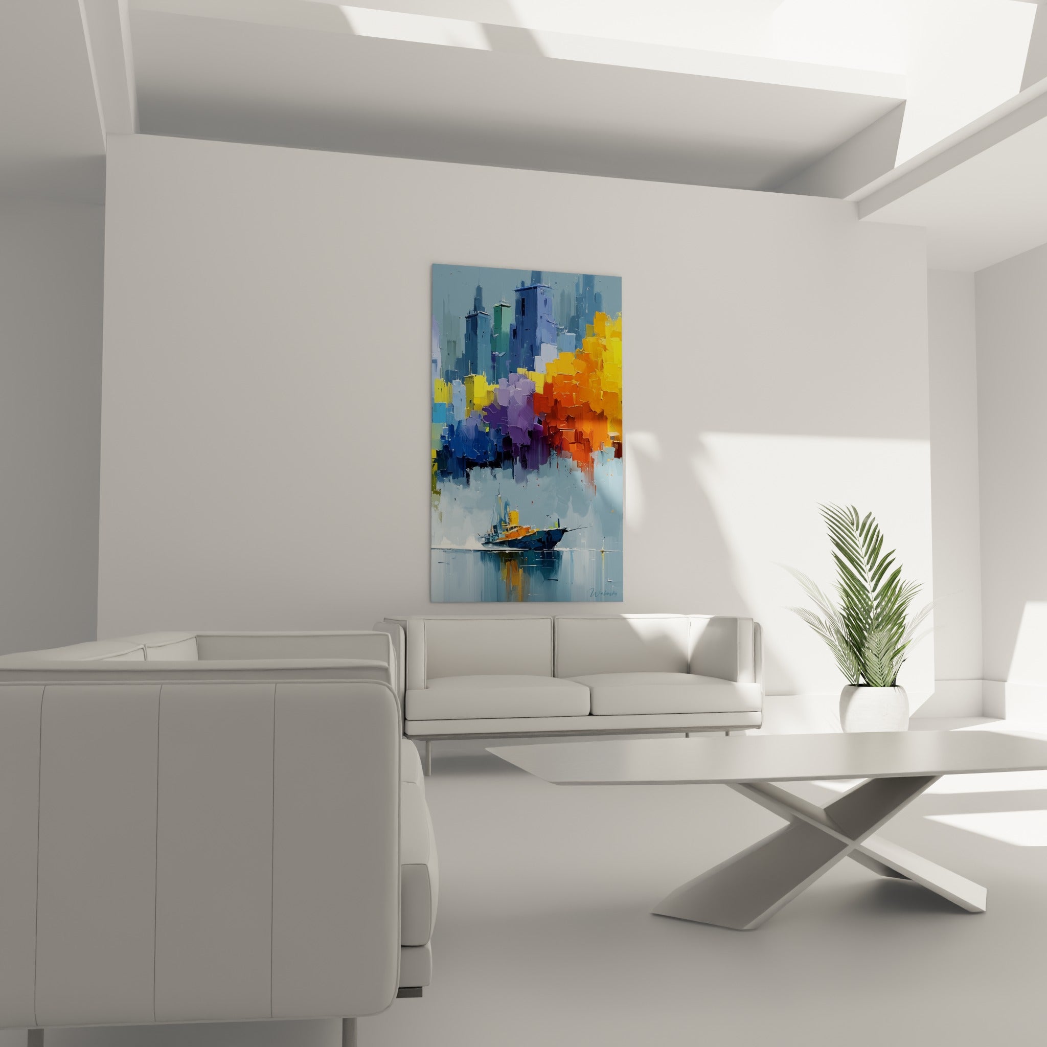 Skyline orangée et bateau bleu marine en larges touches colorées, au-dessus d'un canapé dans un salon lumineux