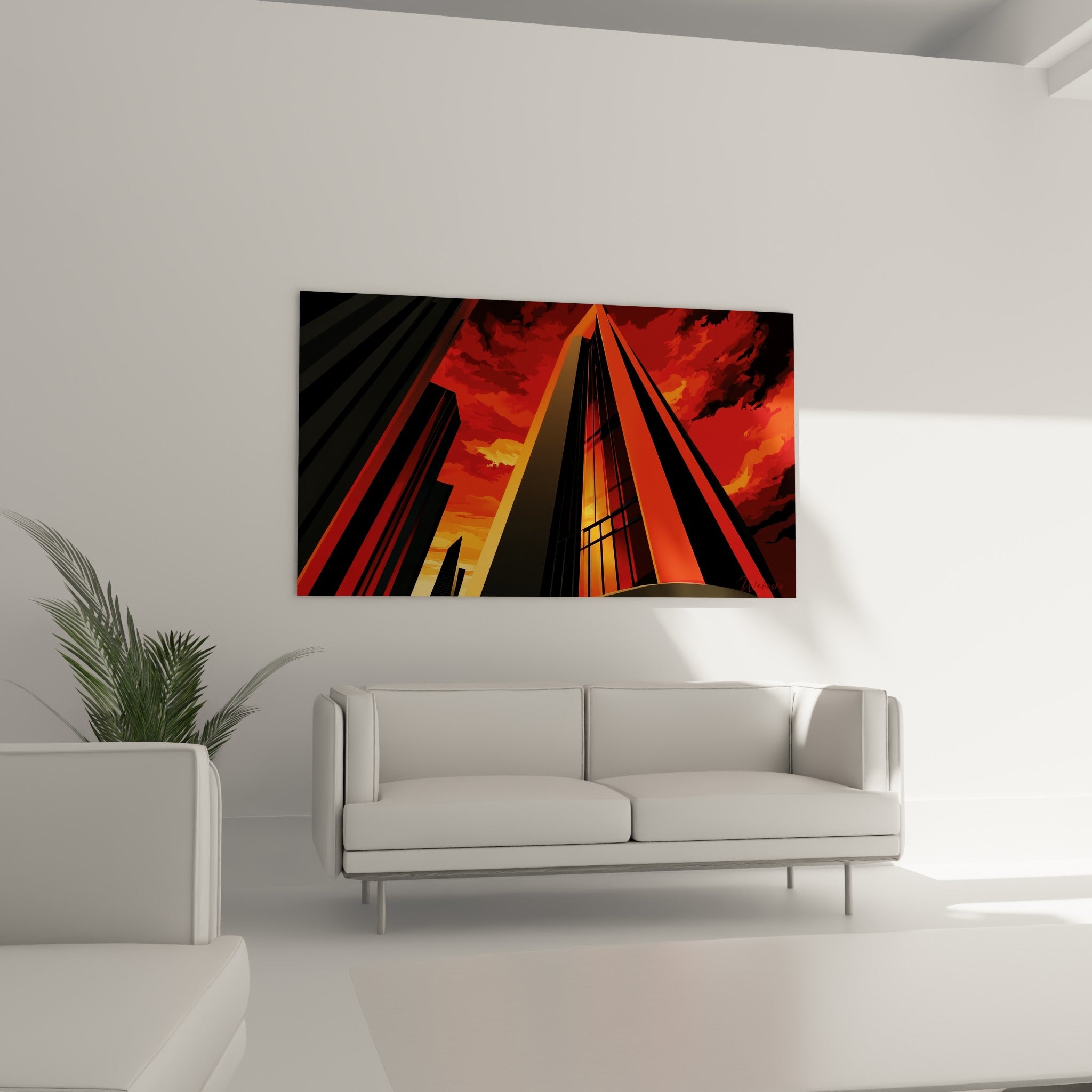Tour graphique orange et anthracite de ce tableau architecture abstraite, au-dessus d'un canapé dans un salon lumineux