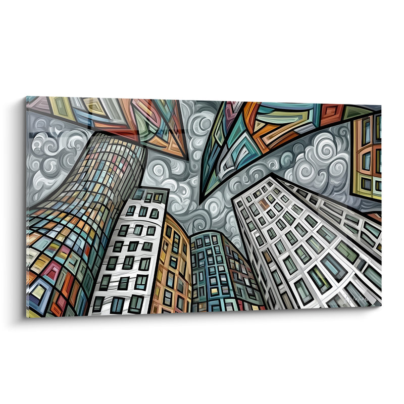 Tableau Gratte-ciel gris et blanc aux nuages tourbillonnants - Éclat cubiste fragmenté - Edition Architecture abstrait