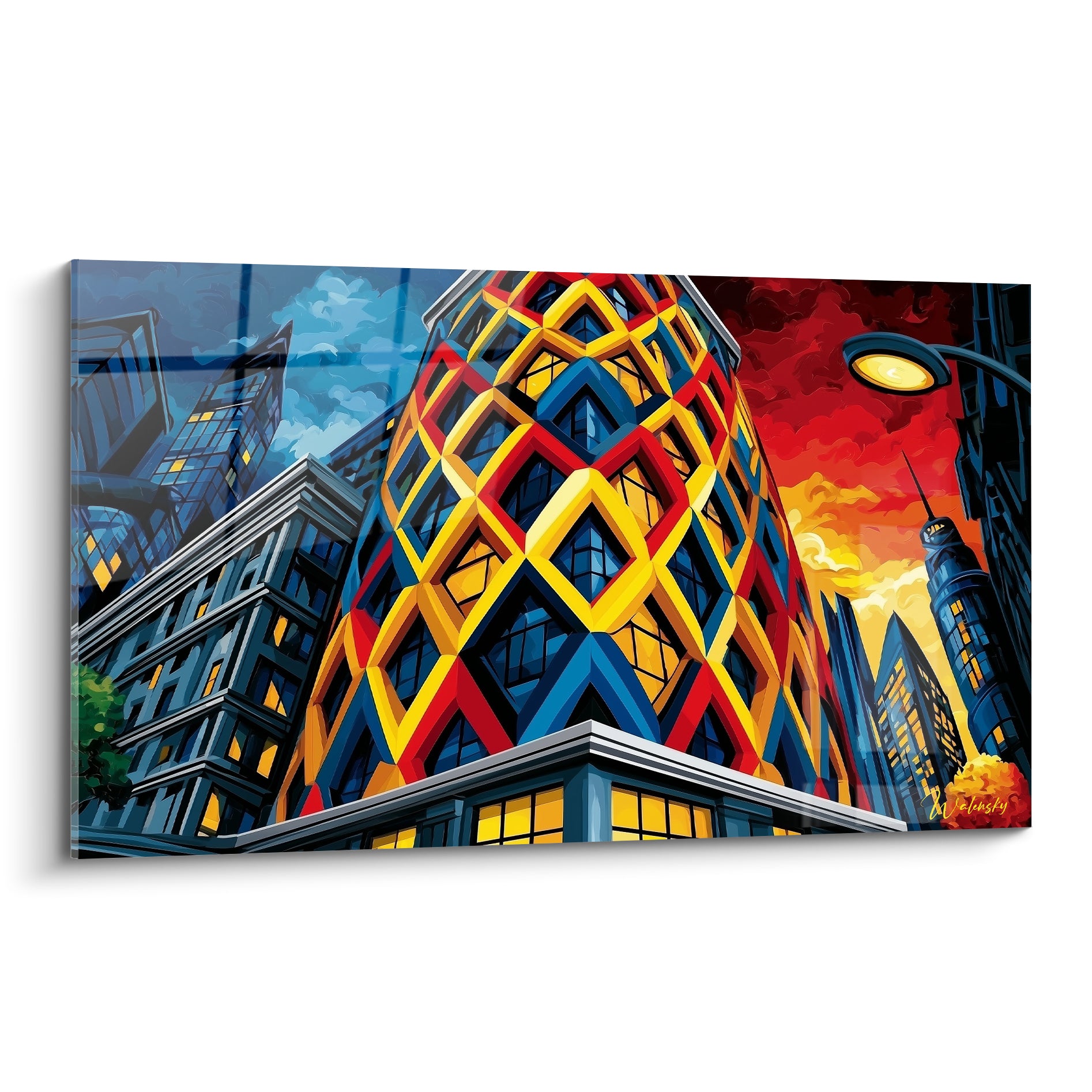 Gratte-ciel losangé bleu, jaune et rouge sous un ciel embrasé, tableau architecture abstraite pop art
