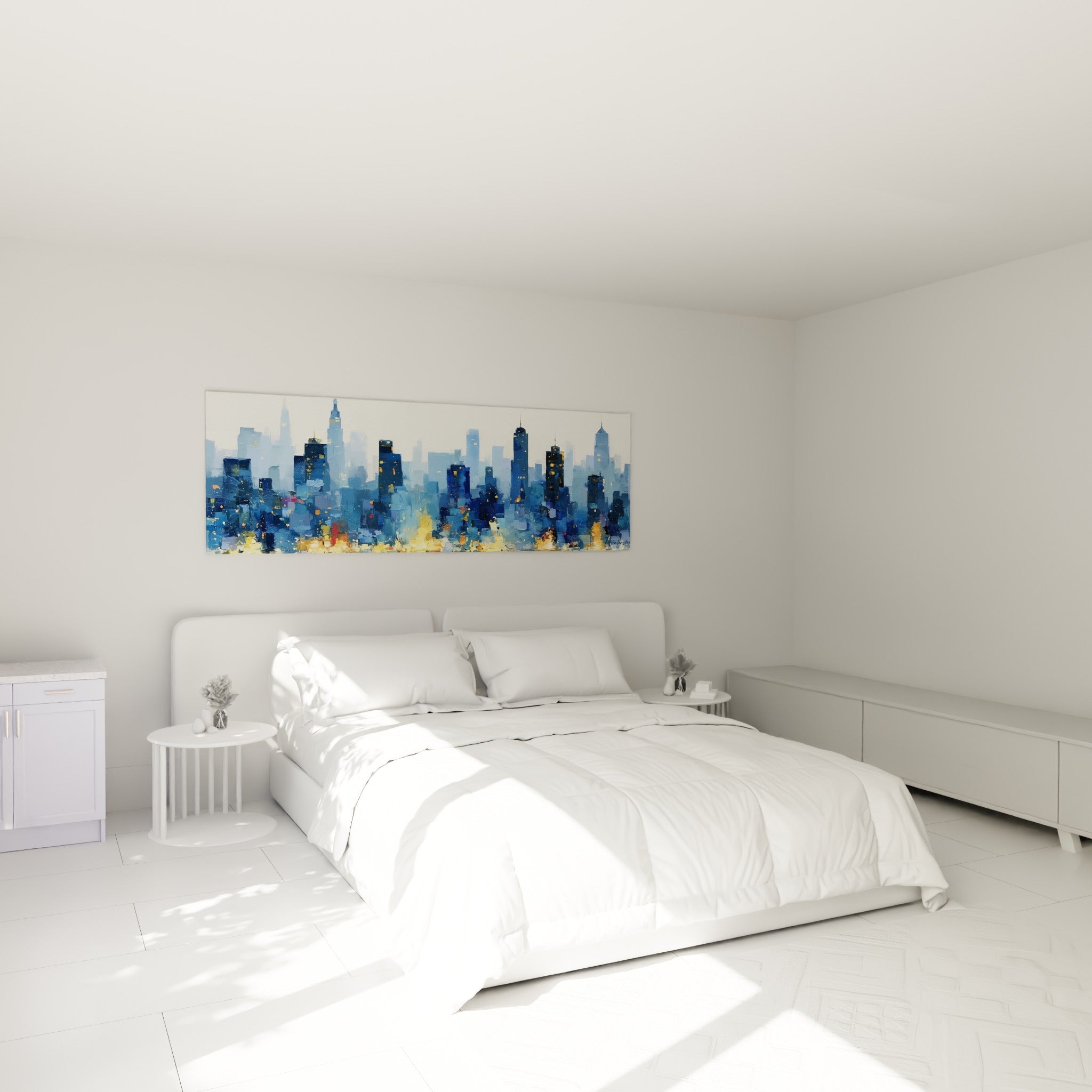 Gratte-ciel bleu marine et lumières dorées d'architecture abstraite au-dessus d'un lit dans une chambre claire