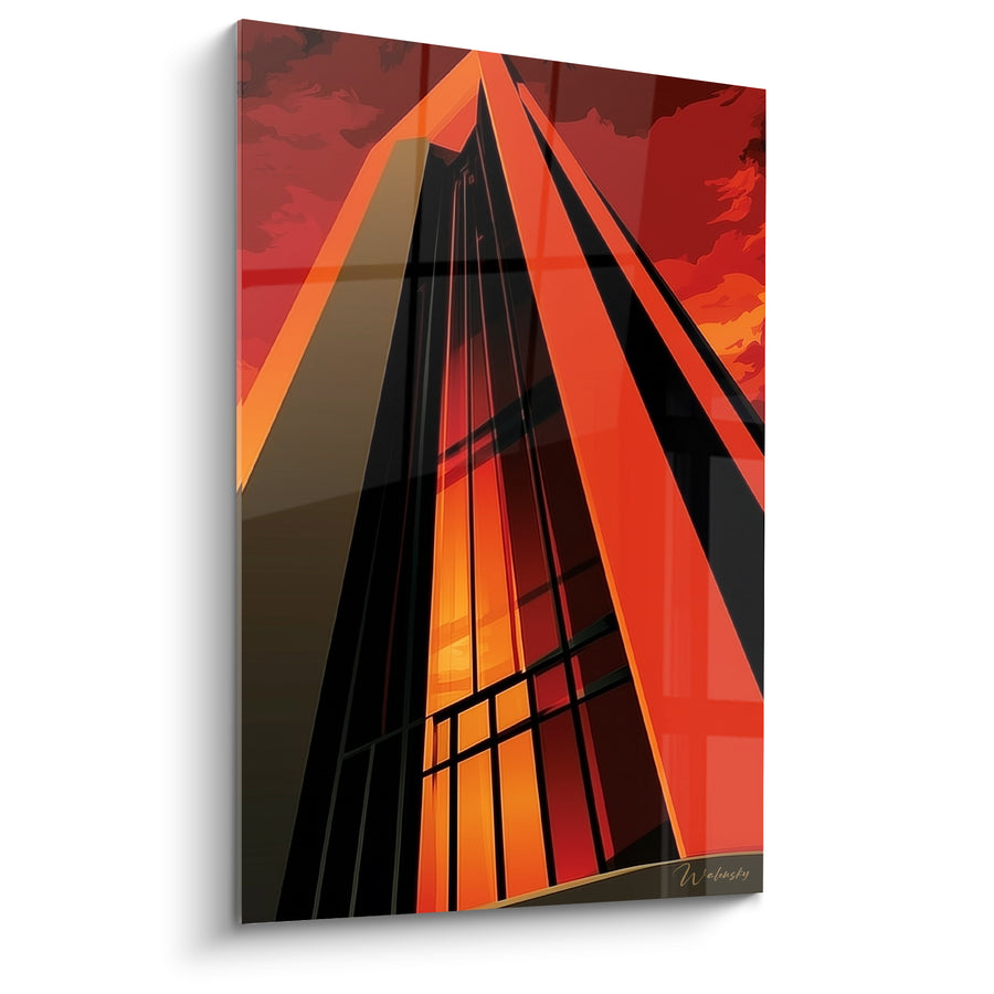 Gemälde Wolkenkratzer orange und schwarz mit konvergierenden Pfeilen - Schwindelerregender, brennender Spitze - Architektur Edition Abstrakt