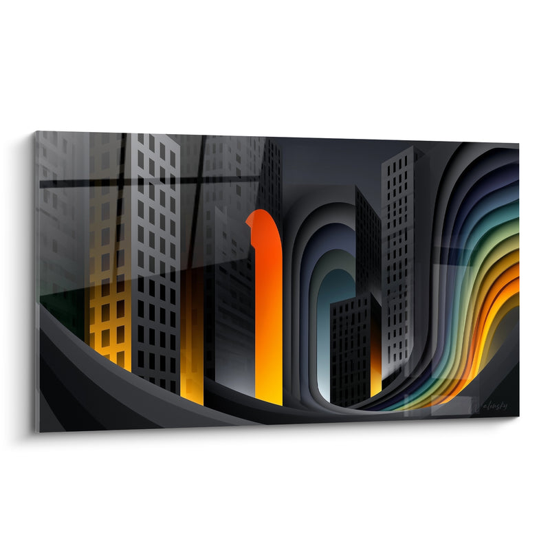 Gemälde Wolkenkratzer schwarz und orange mit gewundenen Bögen - Farbige spiralförmige Straße - Architektur Edition abstrakte Kunst