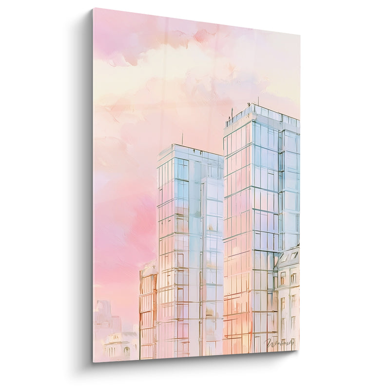 Tableau Gratte-ciel roses aux façades vitrées - Aurore urbaine - Edition Architecture abstrait