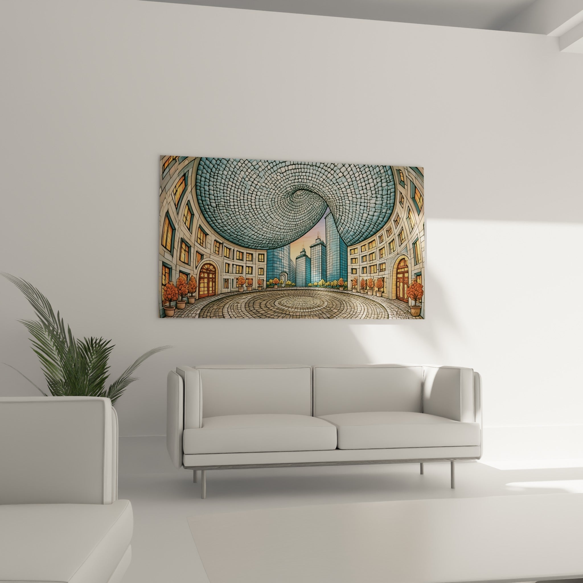Perspective torsadée aux tons terracotta et bleu turquoise accrochée au-dessus d'un canapé dans un salon lumineux