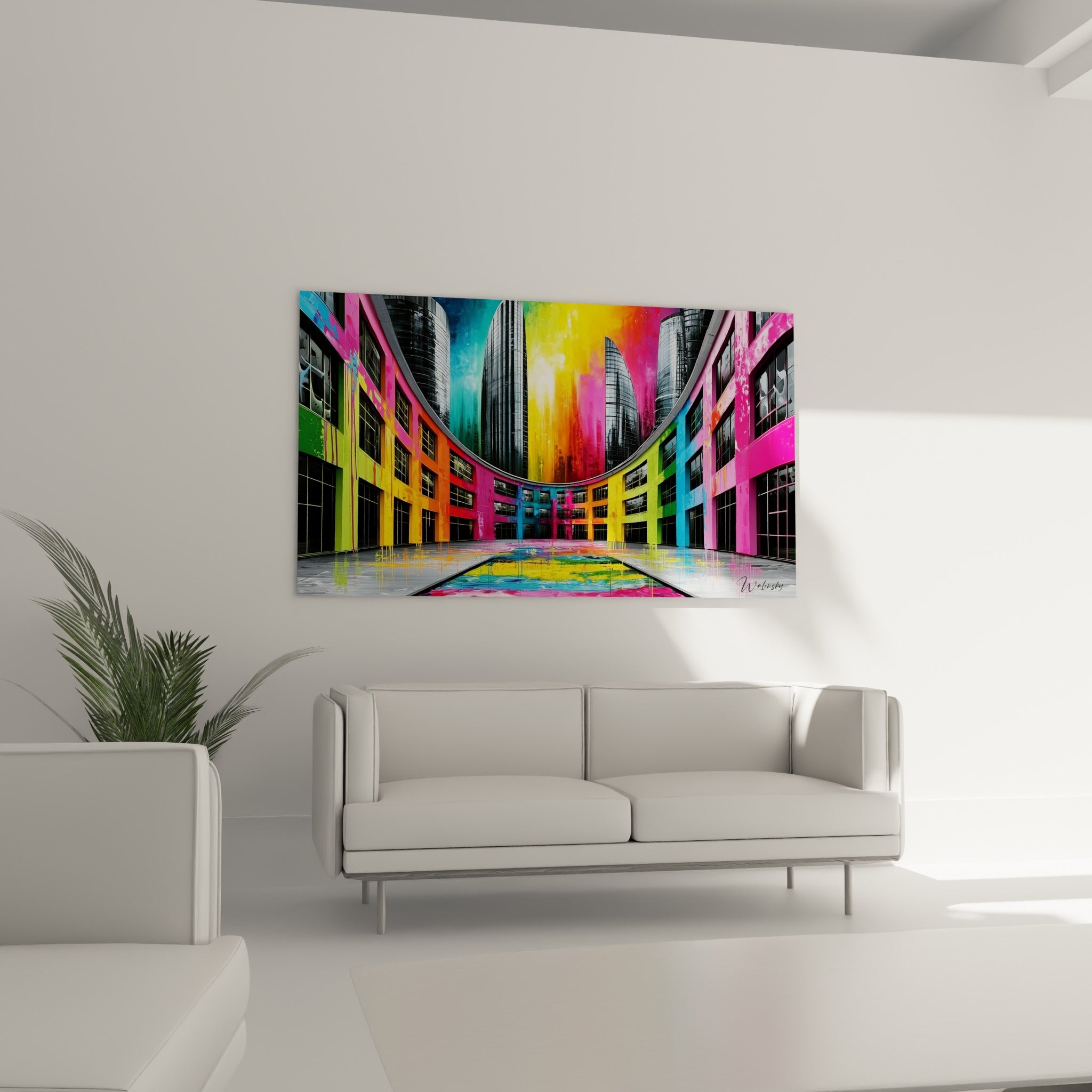 Façades multicolores turquoise et magenta avec tours métalliques, au-dessus d'un canapé dans un salon lumineux